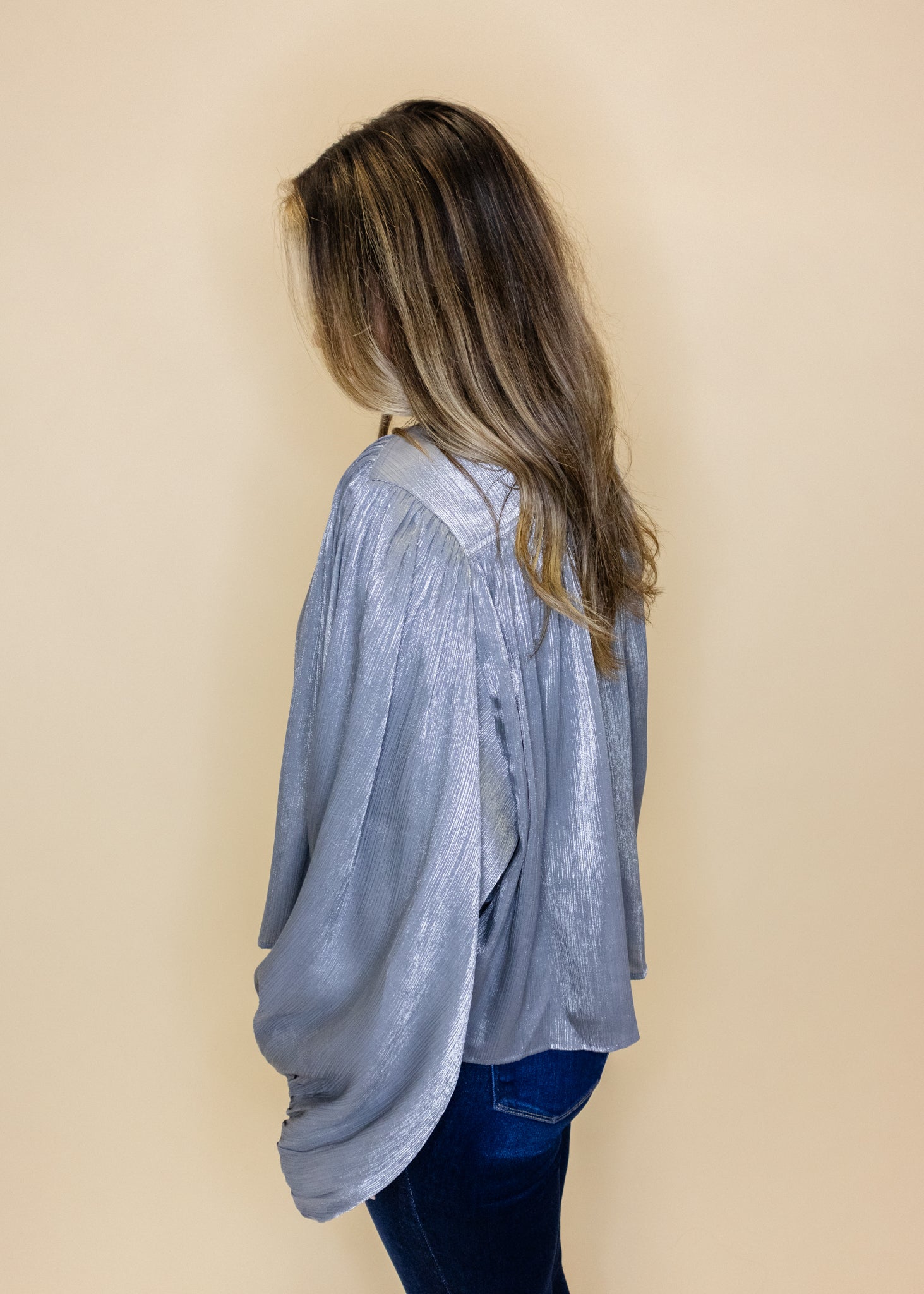 Grey Satin Balloon Sleeve Top