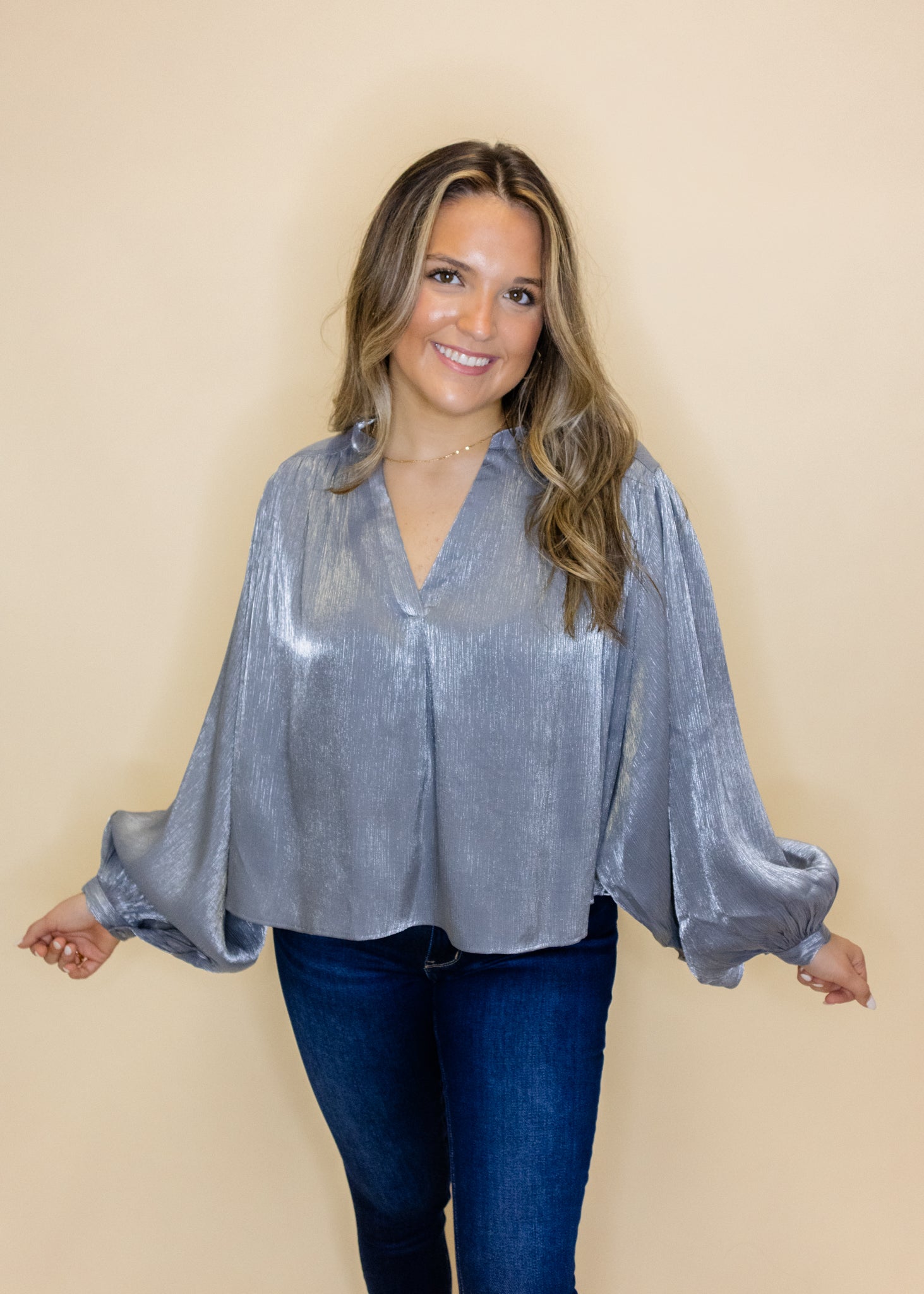 Grey Satin Balloon Sleeve Top