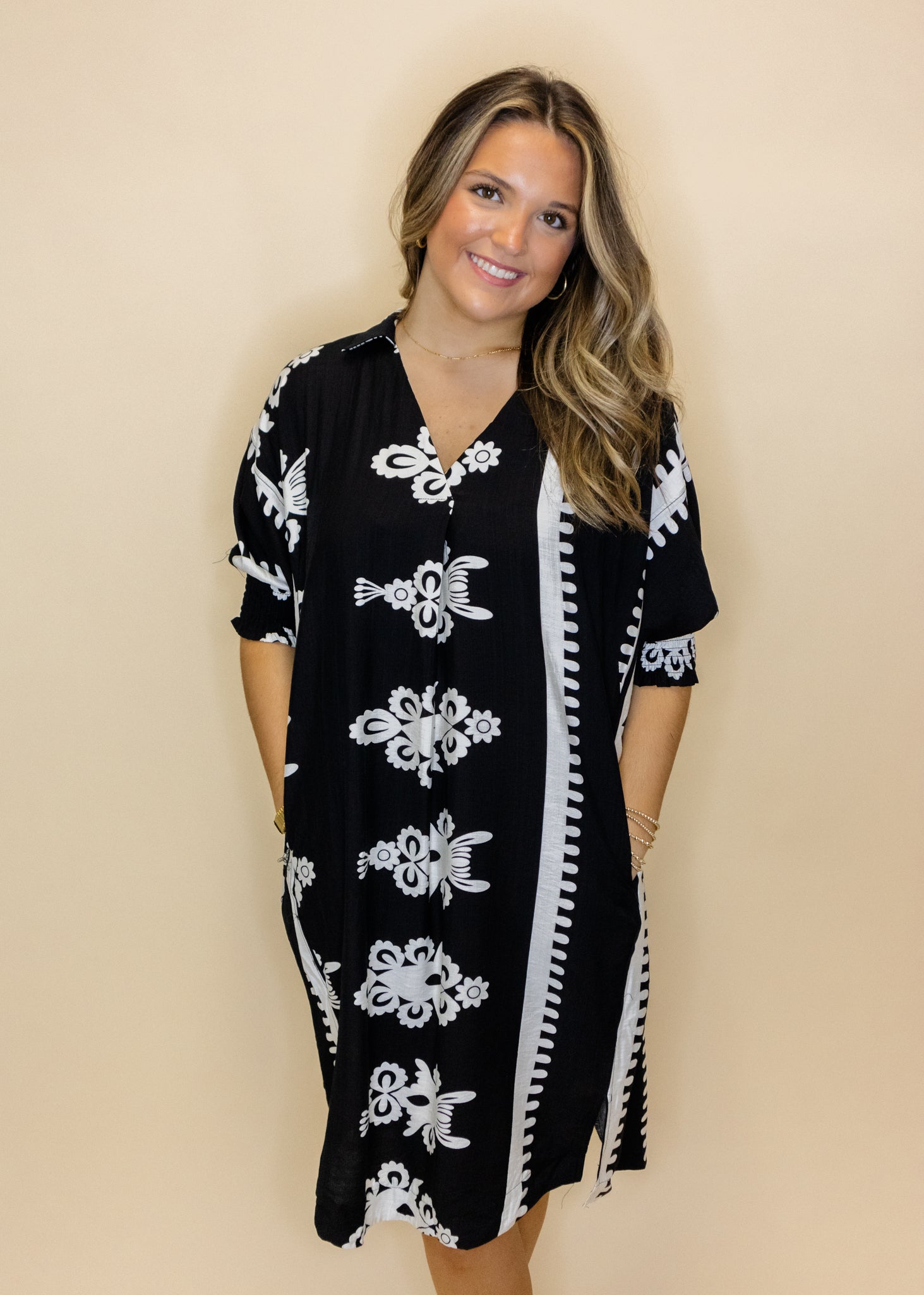 Black Abstract Print Midi Dress