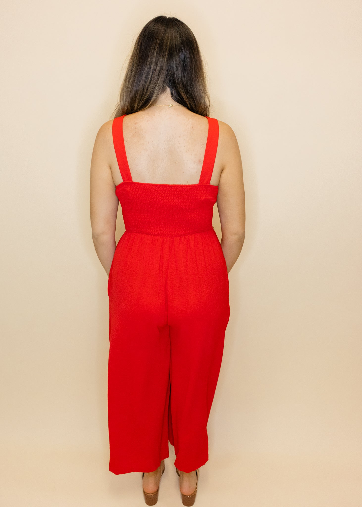 Red Smocked Flowy Jumpsuit