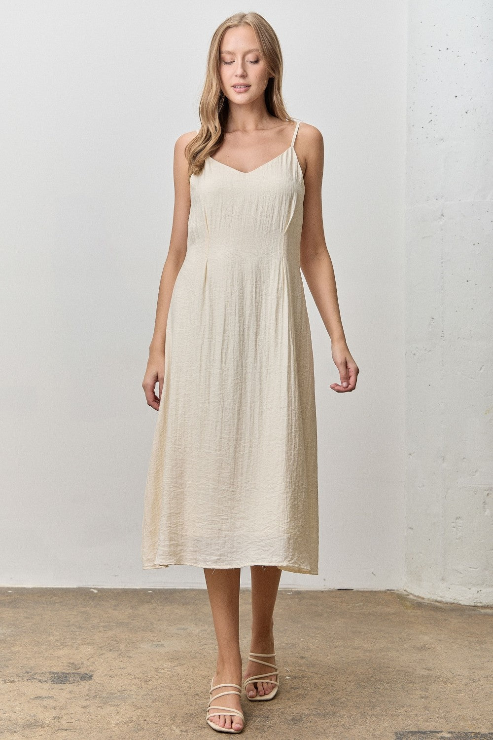 Oatmeal Solid V-Neck Midi Dress