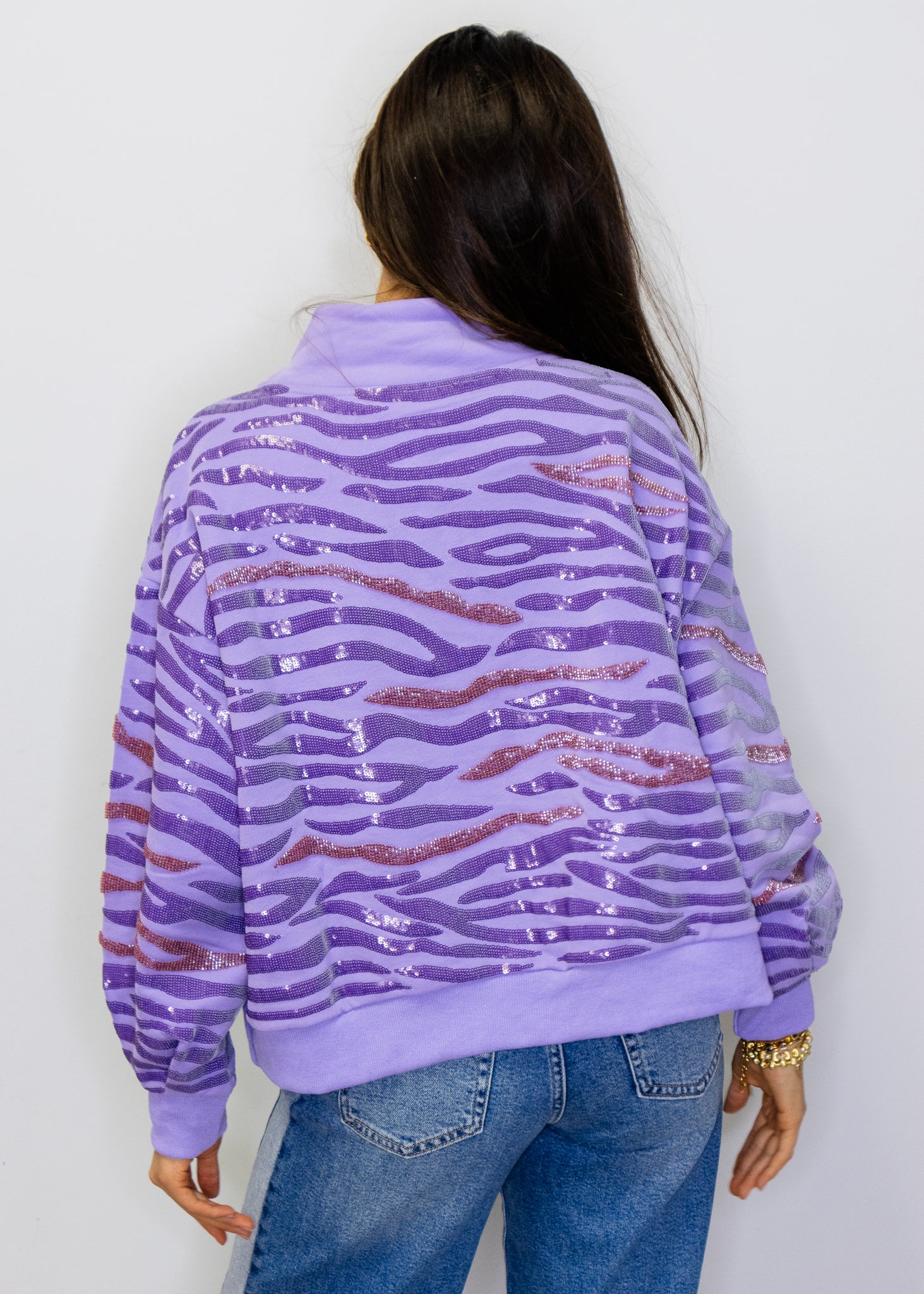 Purple Sequin Tiger Print QOS Card Mock Neck Sweatshirt