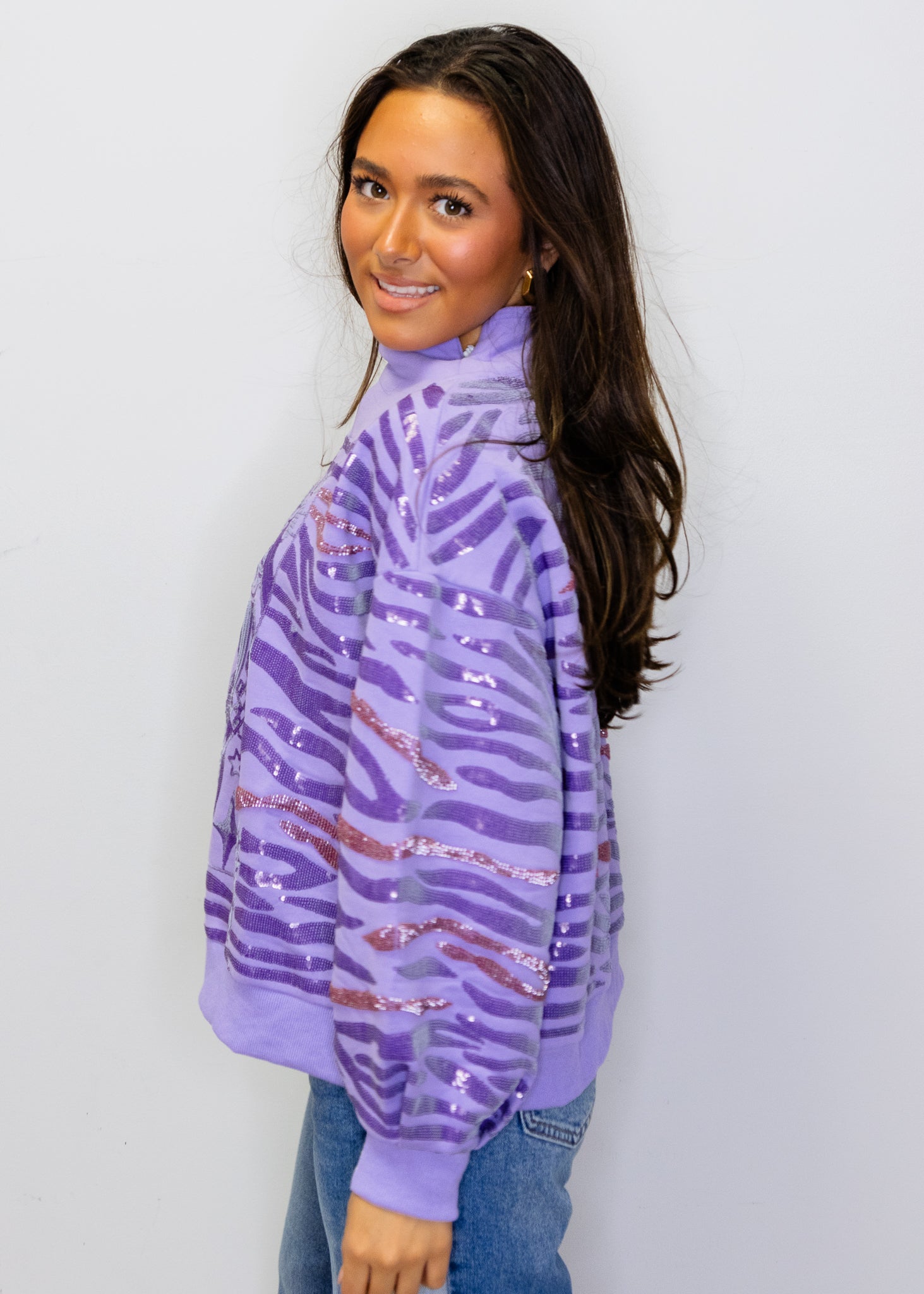 Purple Sequin Tiger Print QOS Card Mock Neck Sweatshirt