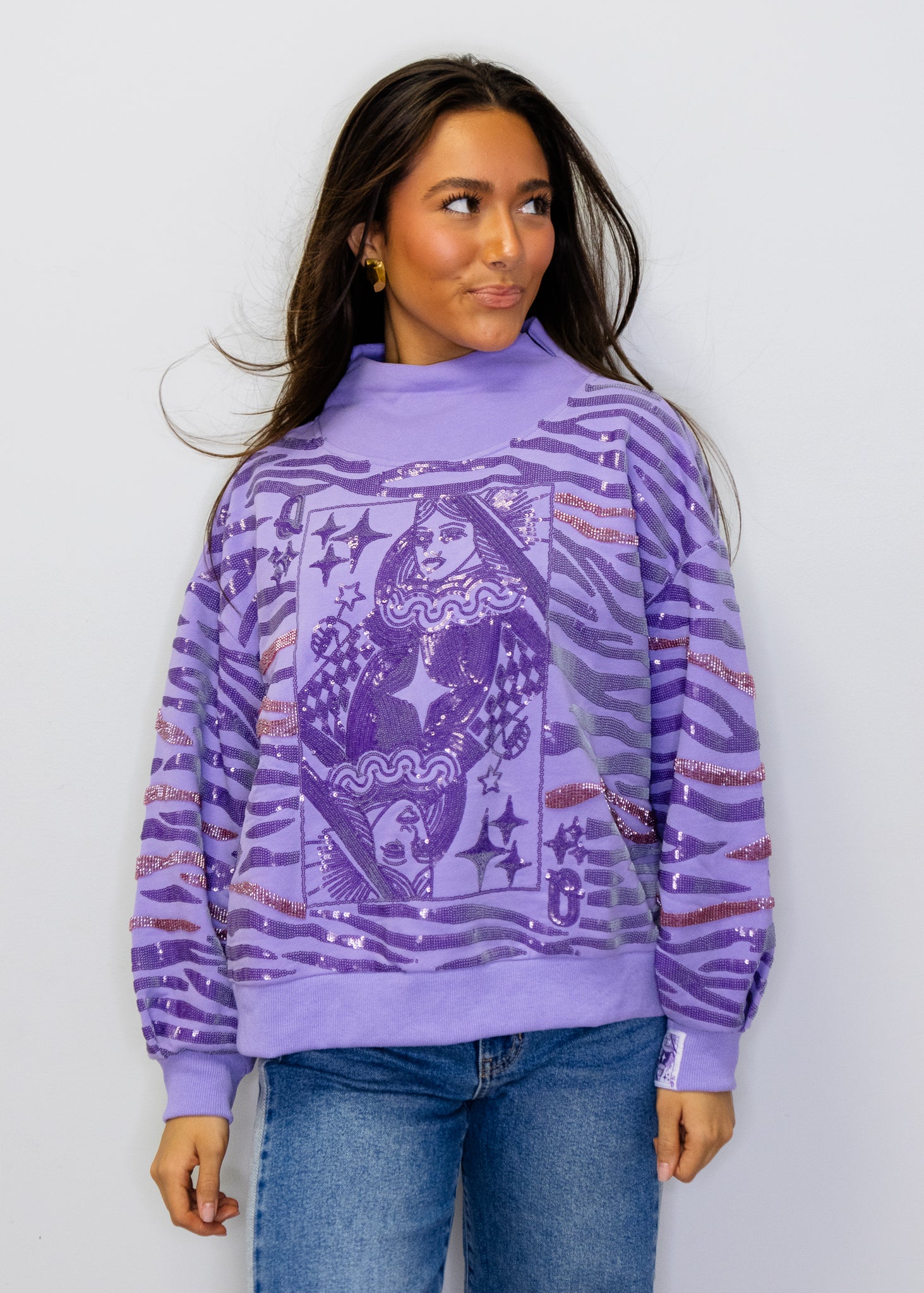 Purple Sequin Tiger Print QOS Card Mock Neck Sweatshirt