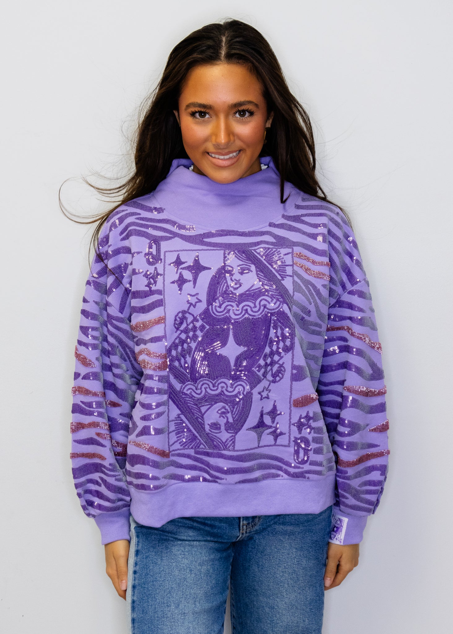 Purple Sequin Tiger Print QOS Card Mock Neck Sweatshirt