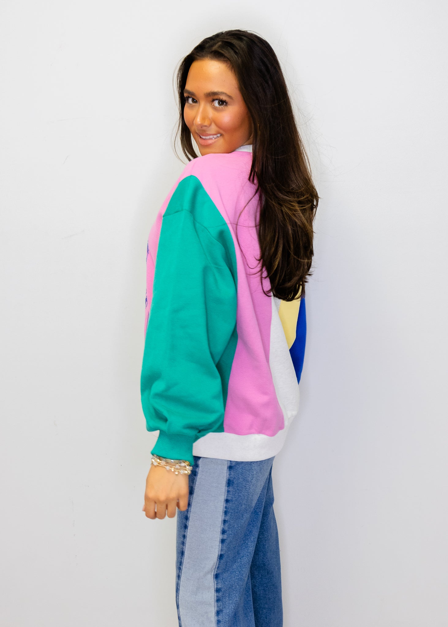 Multi Colorblock Stripe QOS Card Logo Sweatshirt
