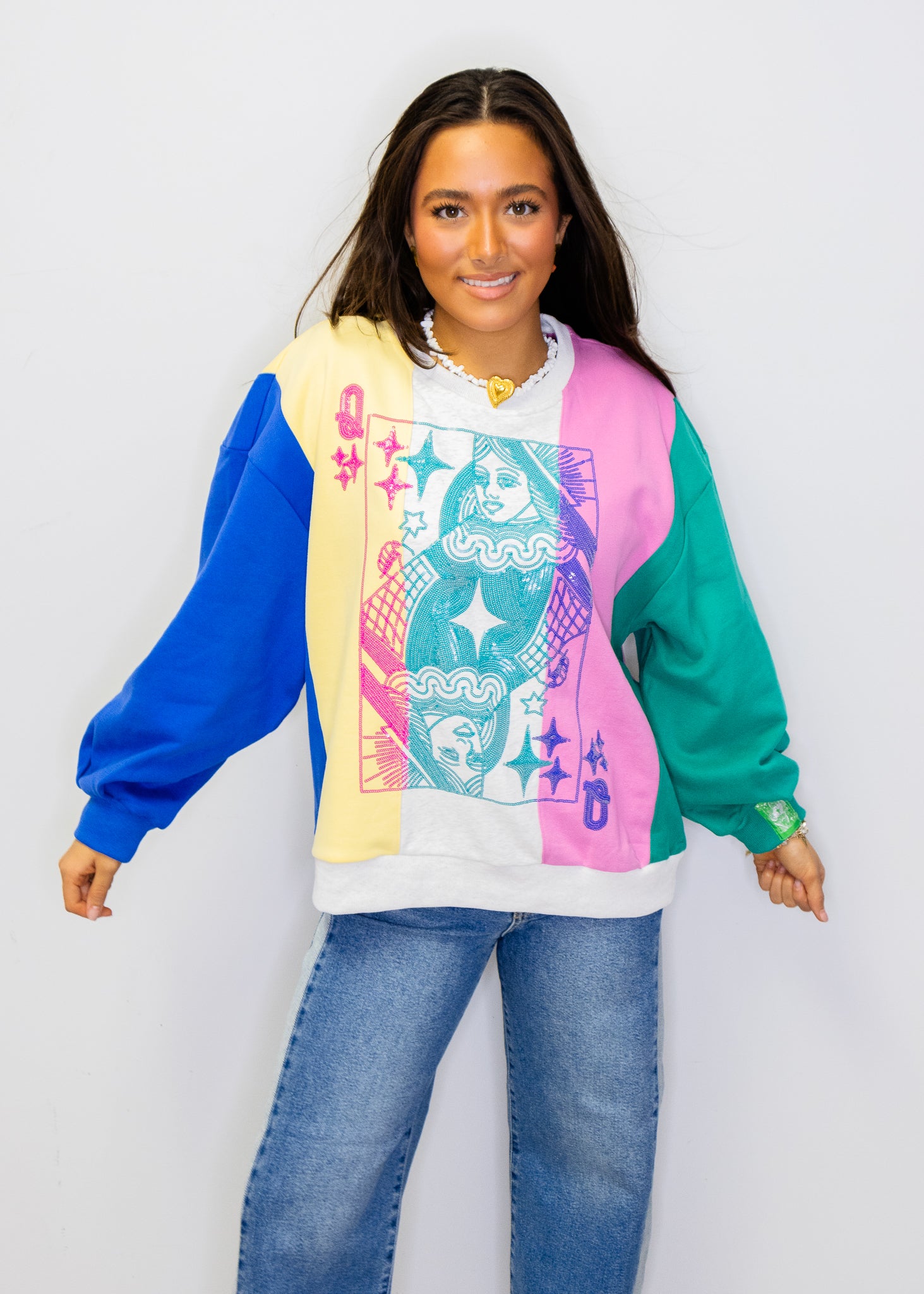 Multi Colorblock Stripe QOS Card Logo Sweatshirt
