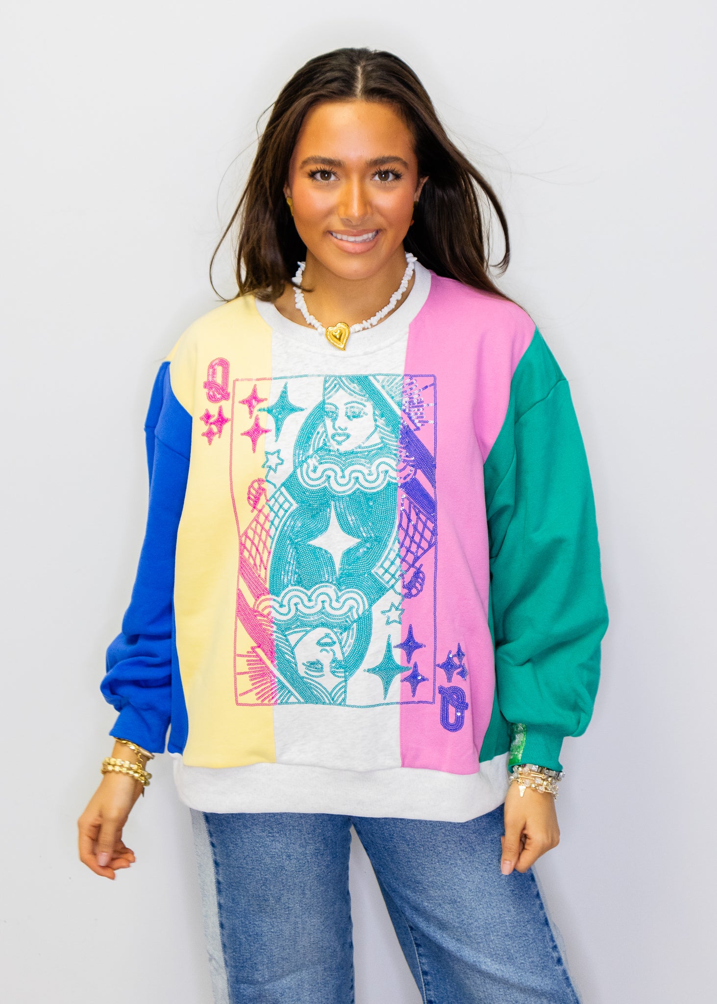 Multi Colorblock Stripe QOS Card Logo Sweatshirt