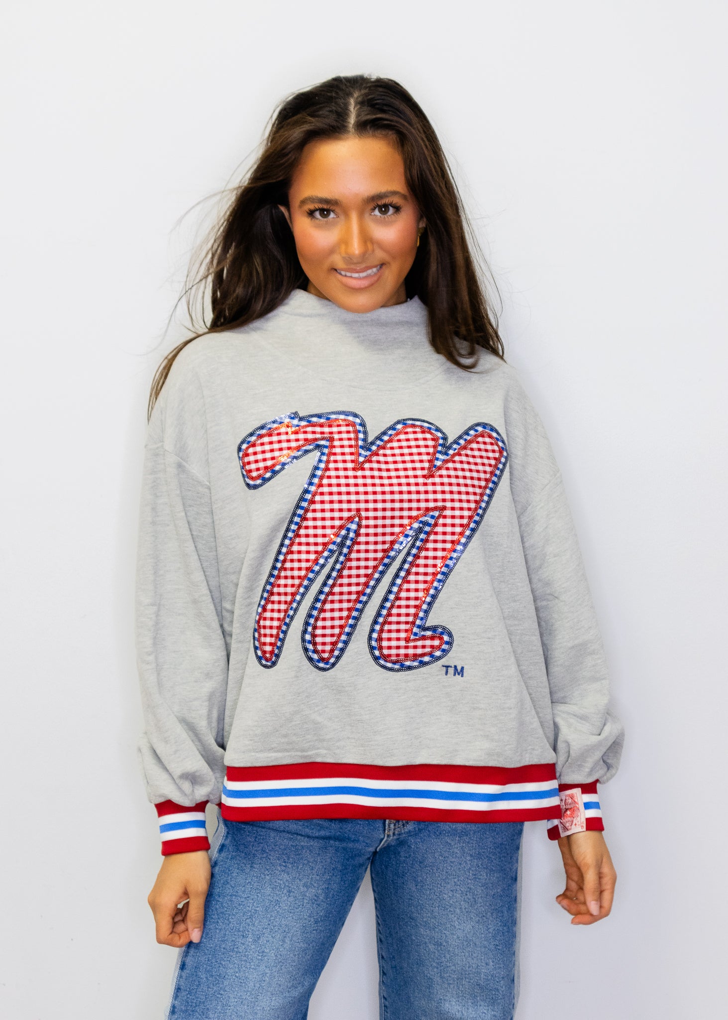Licensed Ole Miss
Grey Gingham Mascot Mock
Neck Sweatshirt