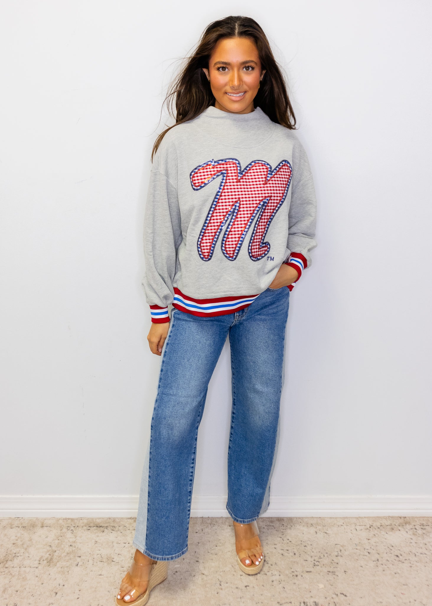Licensed Ole Miss
Grey Gingham Mascot Mock
Neck Sweatshirt