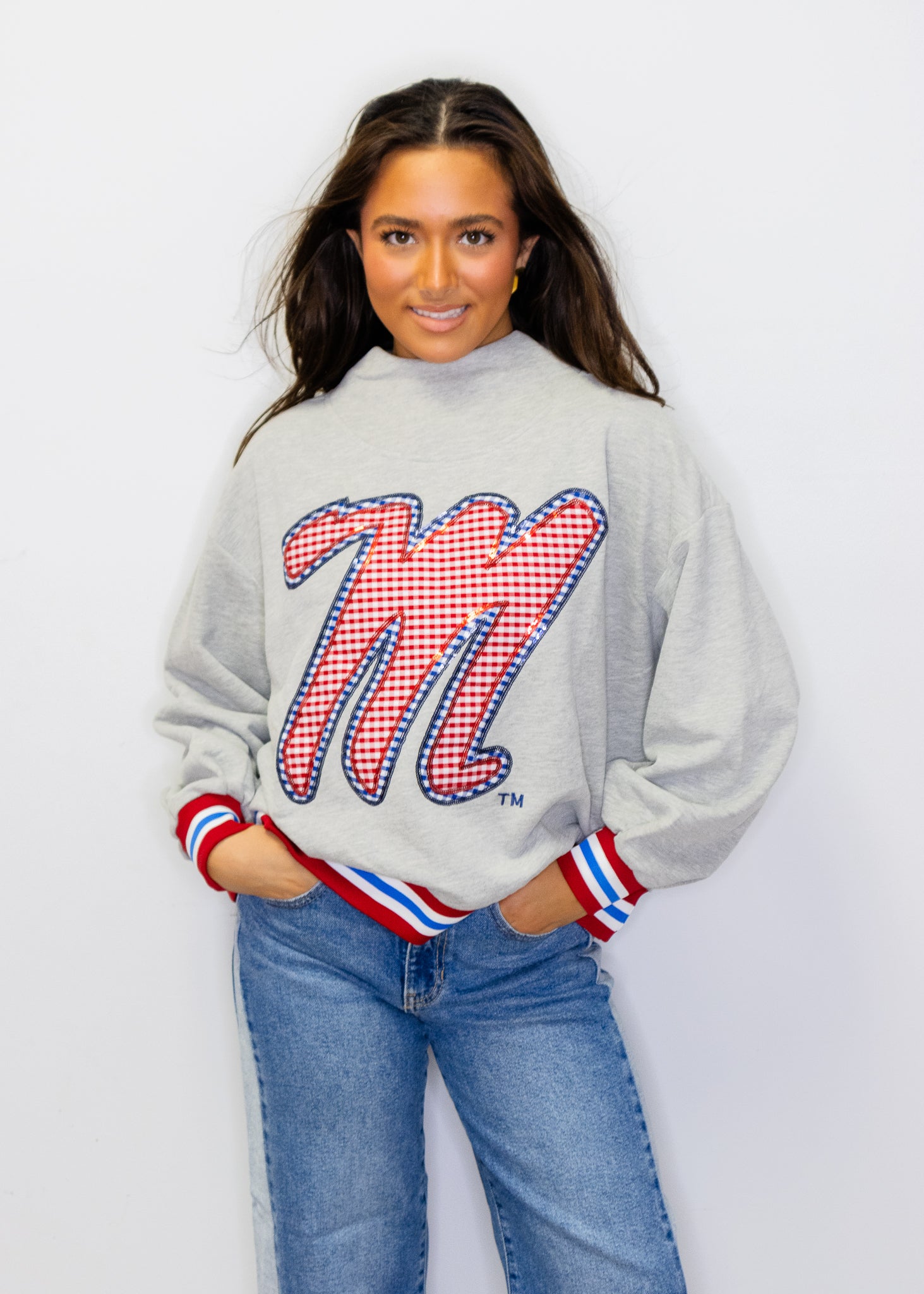 Licensed Ole Miss
Grey Gingham Mascot Mock
Neck Sweatshirt