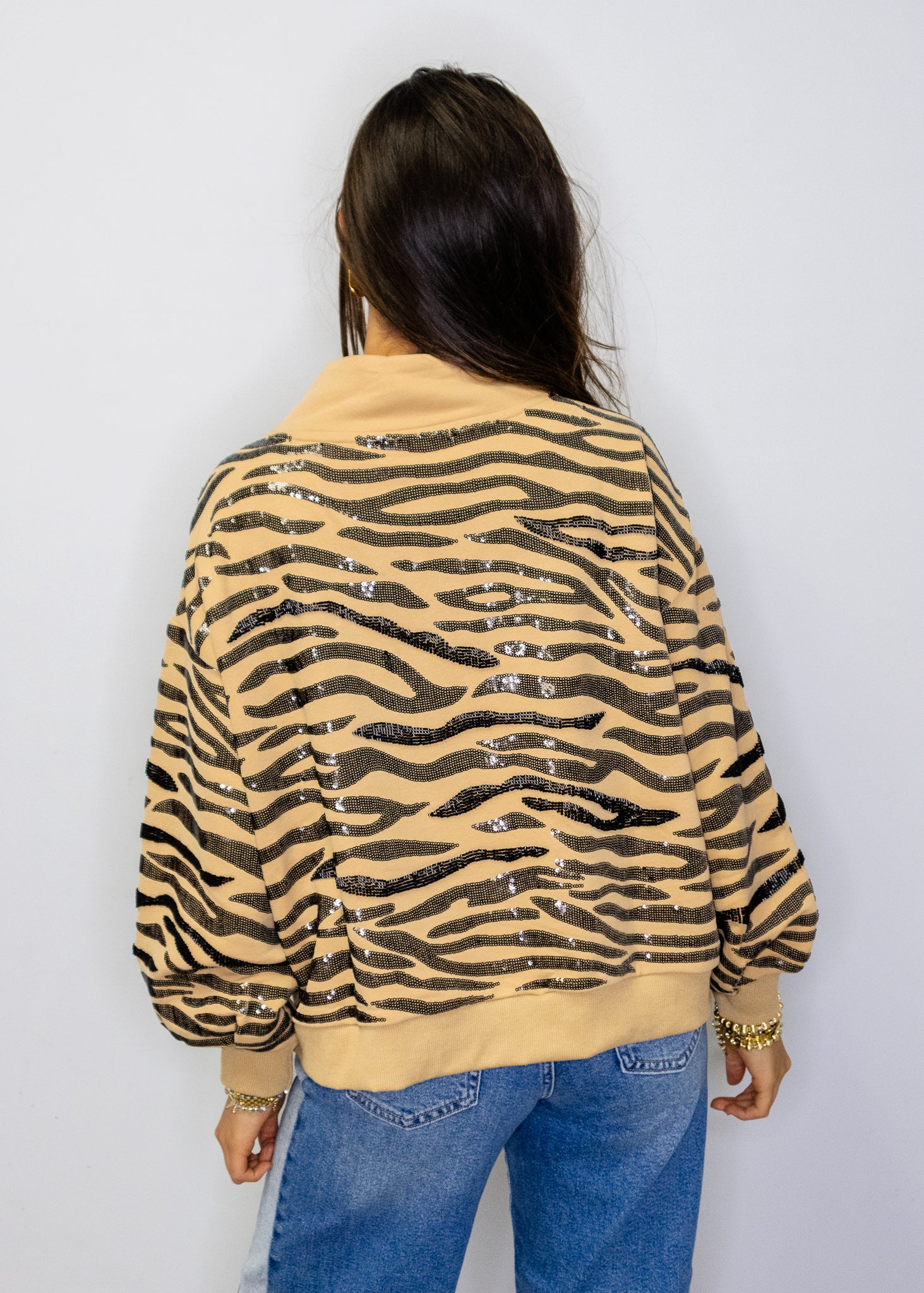 Tan Sequin Tiger Print QOS Card Mock Neck Sweatshirt