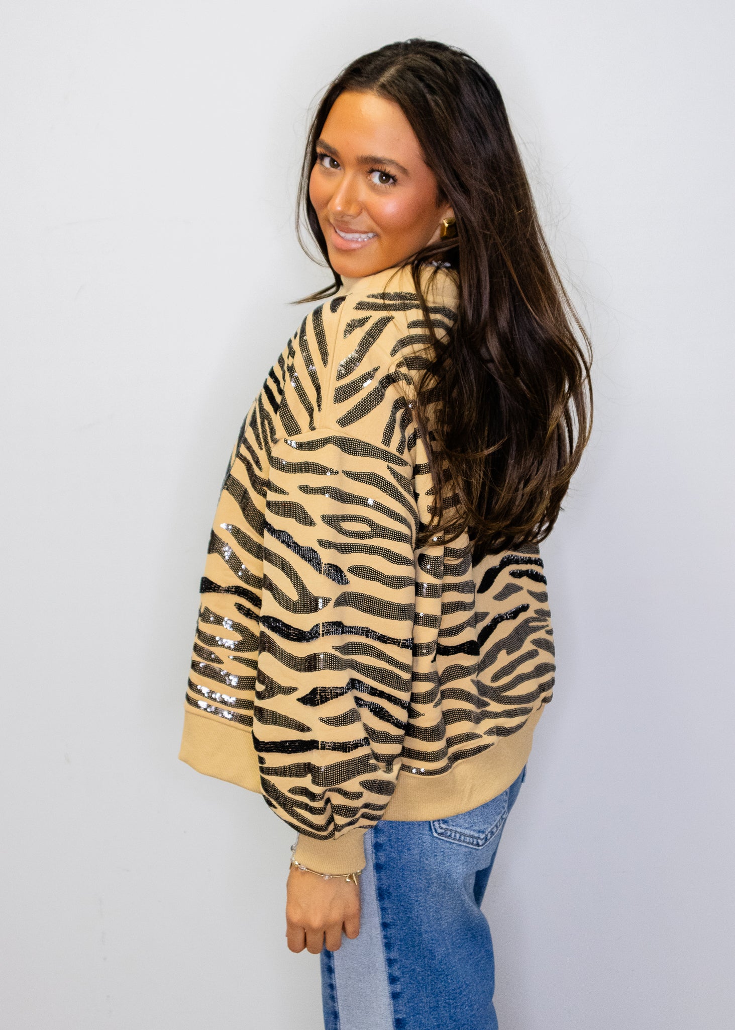Tan Sequin Tiger Print QOS Card Mock Neck Sweatshirt