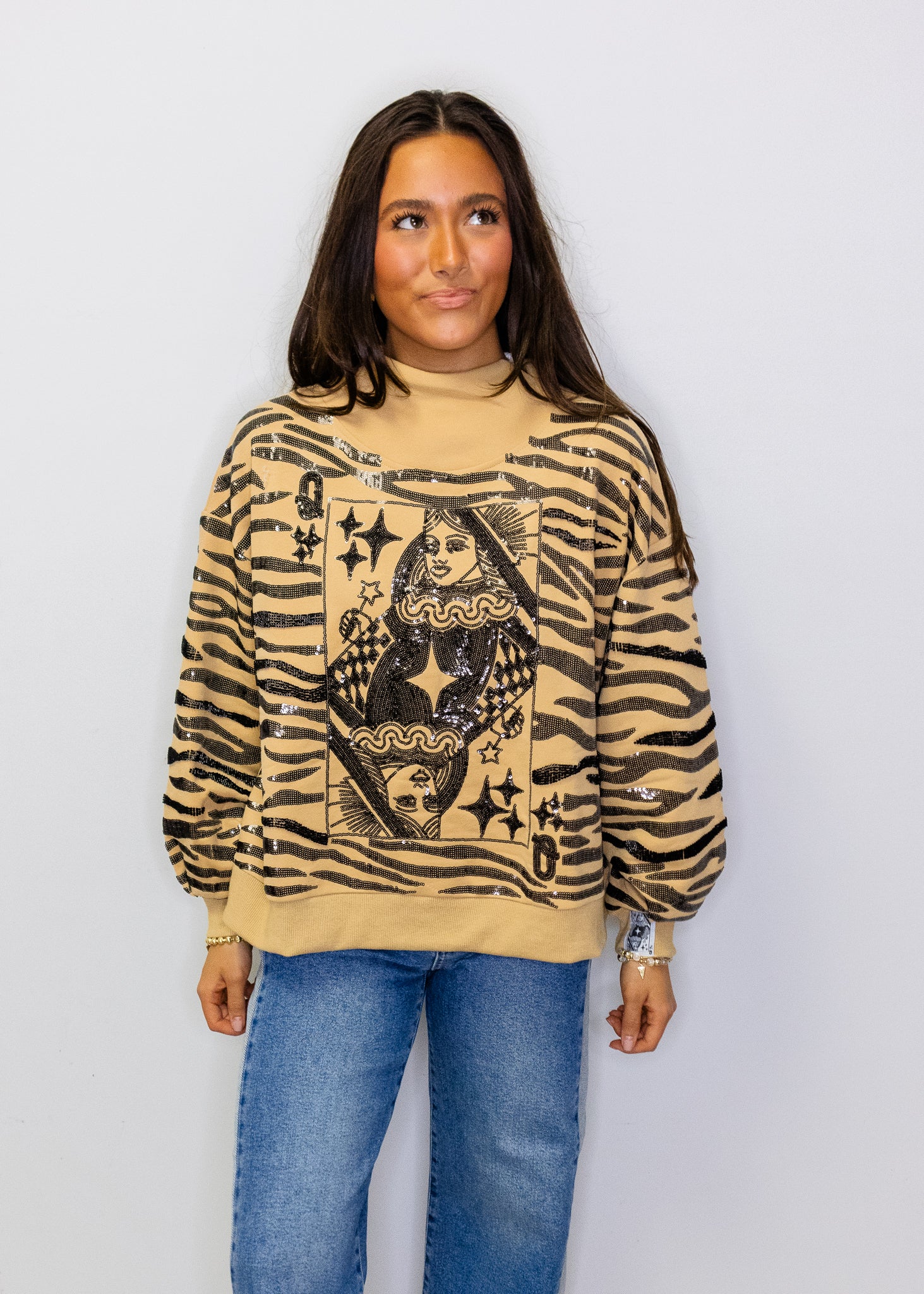 Tan Sequin Tiger Print QOS Card Mock Neck Sweatshirt
