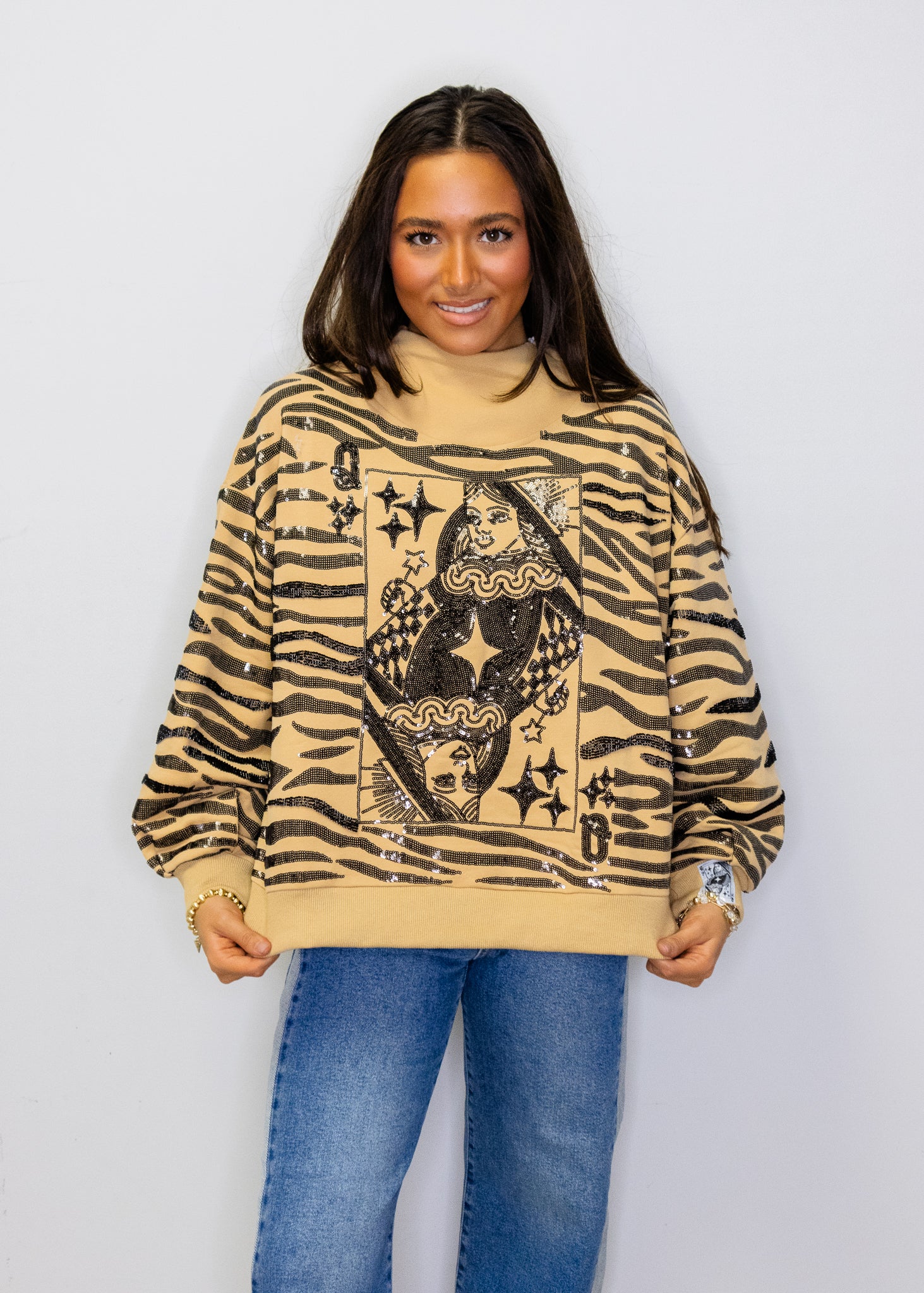 Tan Sequin Tiger Print QOS Card Mock Neck Sweatshirt