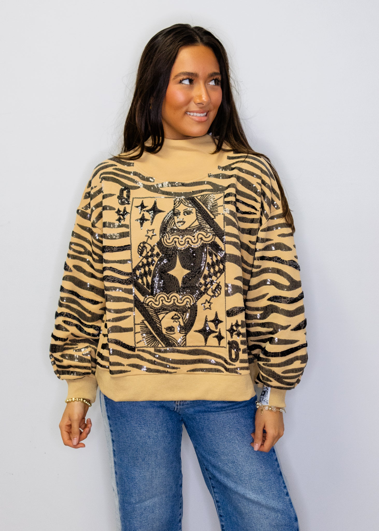 Tan Sequin Tiger Print QOS Card Mock Neck Sweatshirt