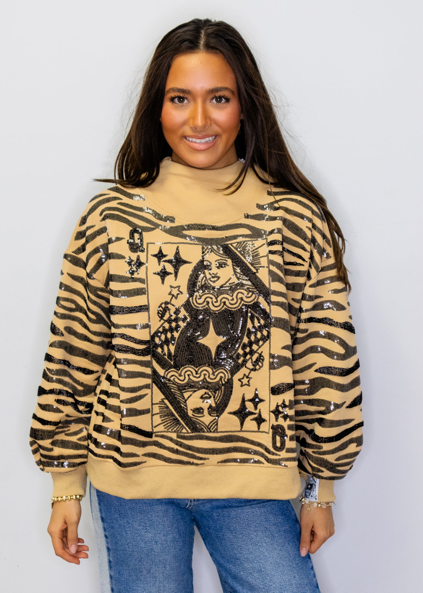 Tan Sequin Tiger Print QOS Card Mock Neck Sweatshirt