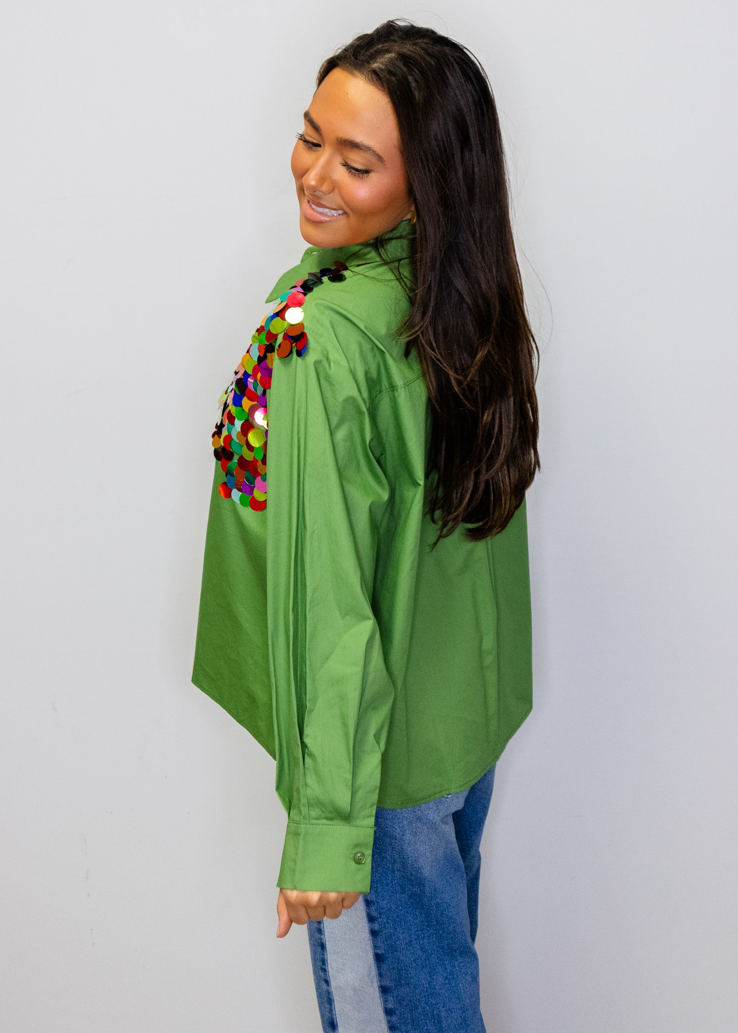 Dark Green Multi Sequin Paillette Cotton Top