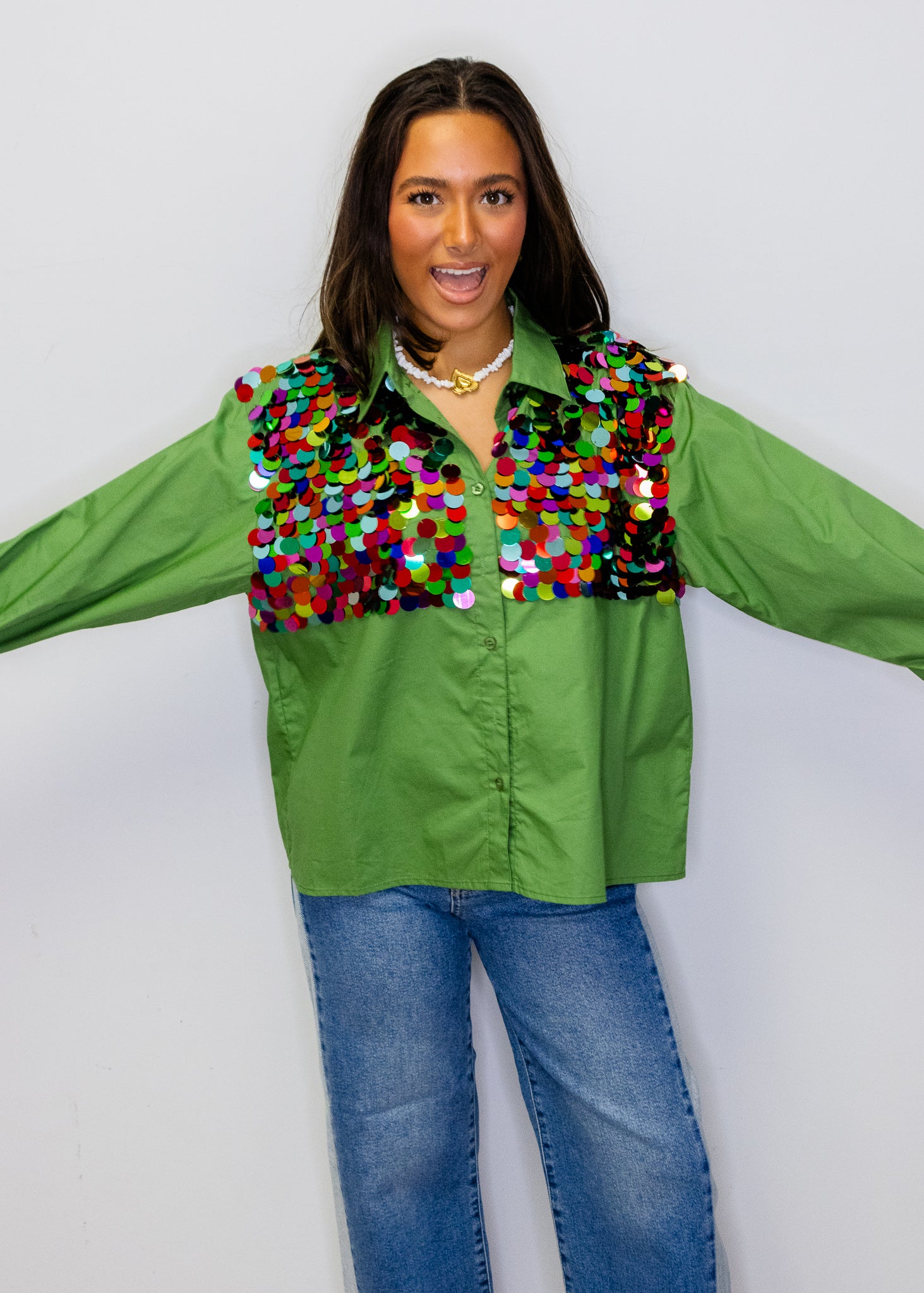 Dark Green Multi Sequin Paillette Cotton Top