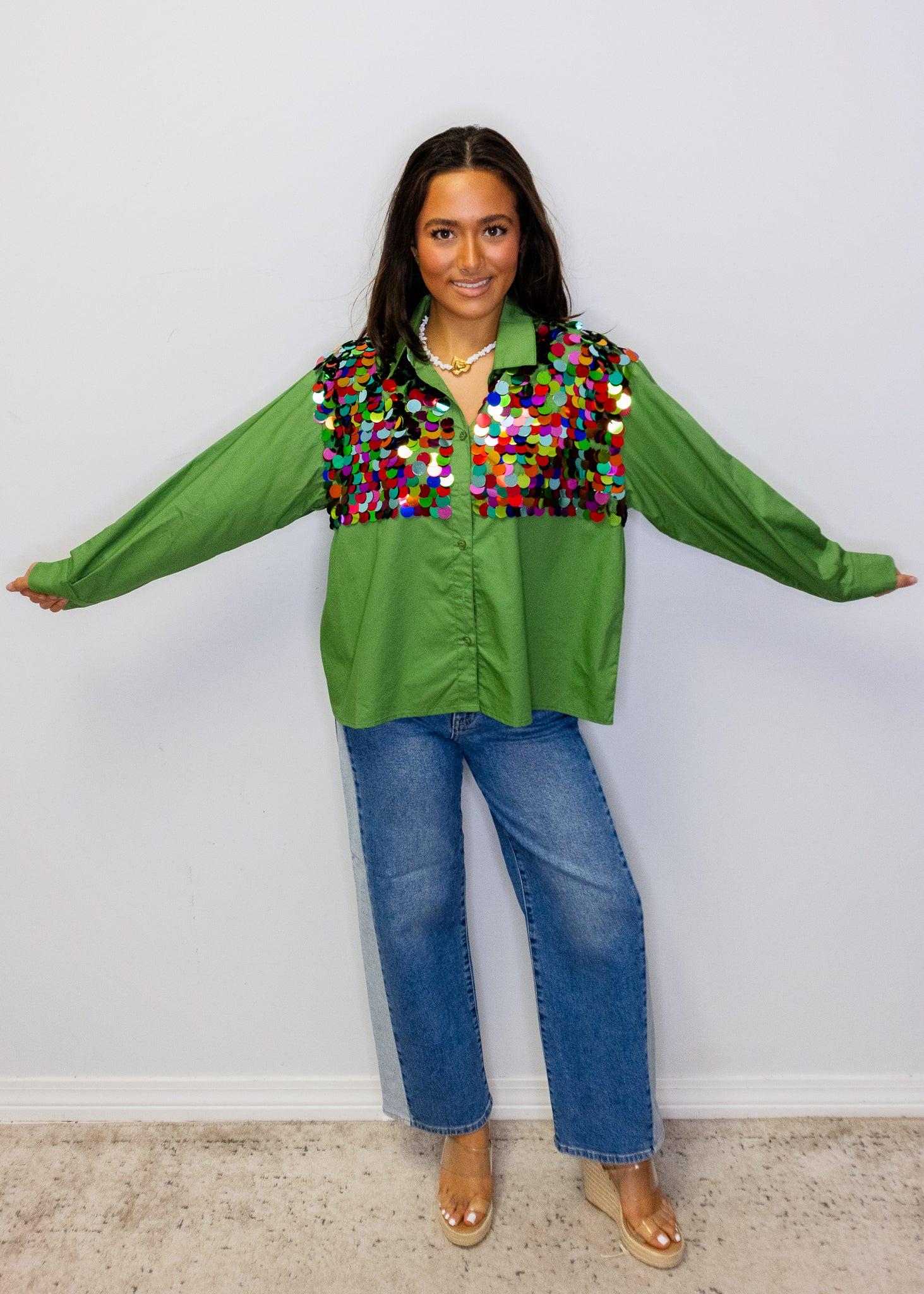 Dark Green Multi Sequin Paillette Cotton Top