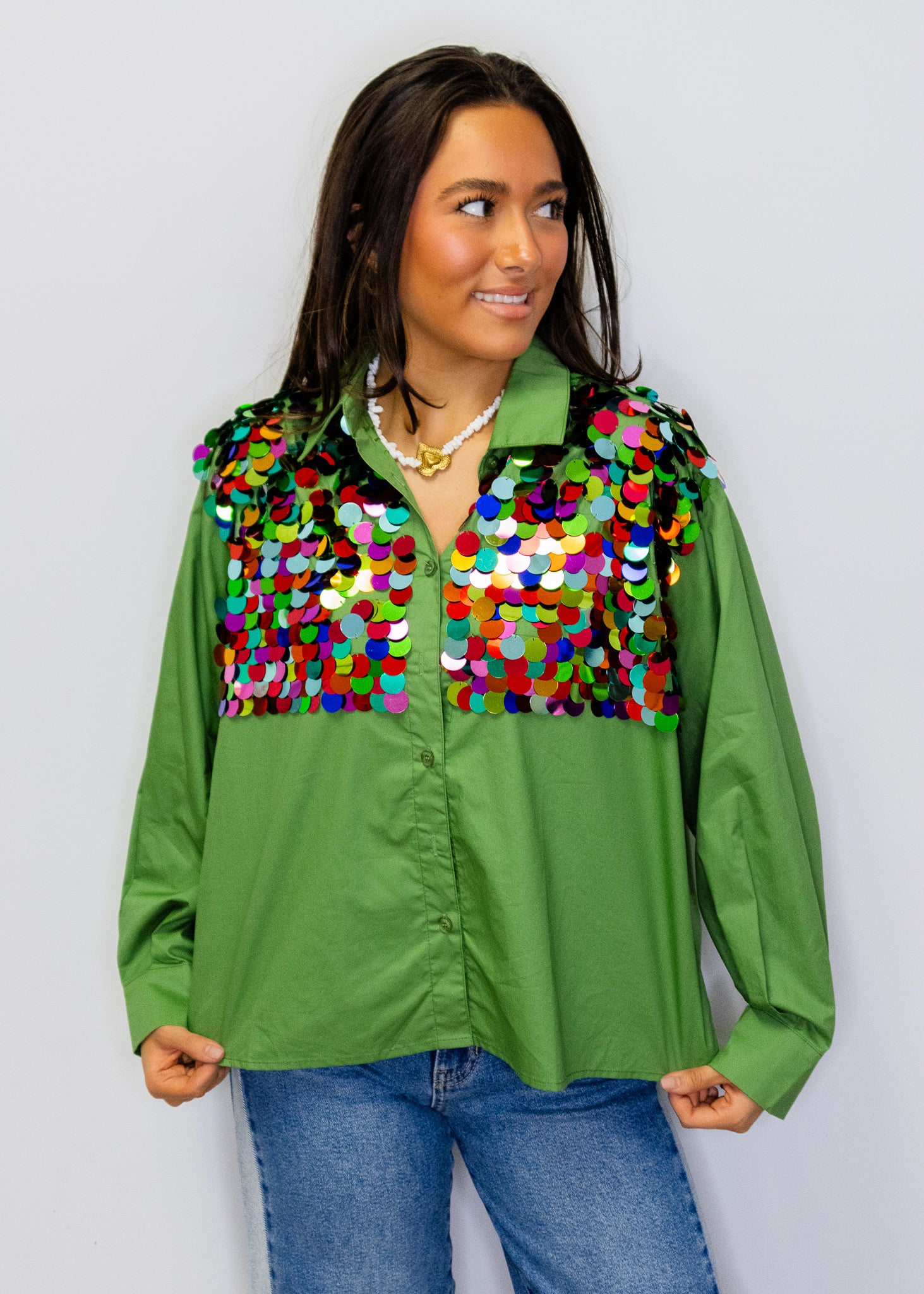 Dark Green Multi Sequin Paillette Cotton Top