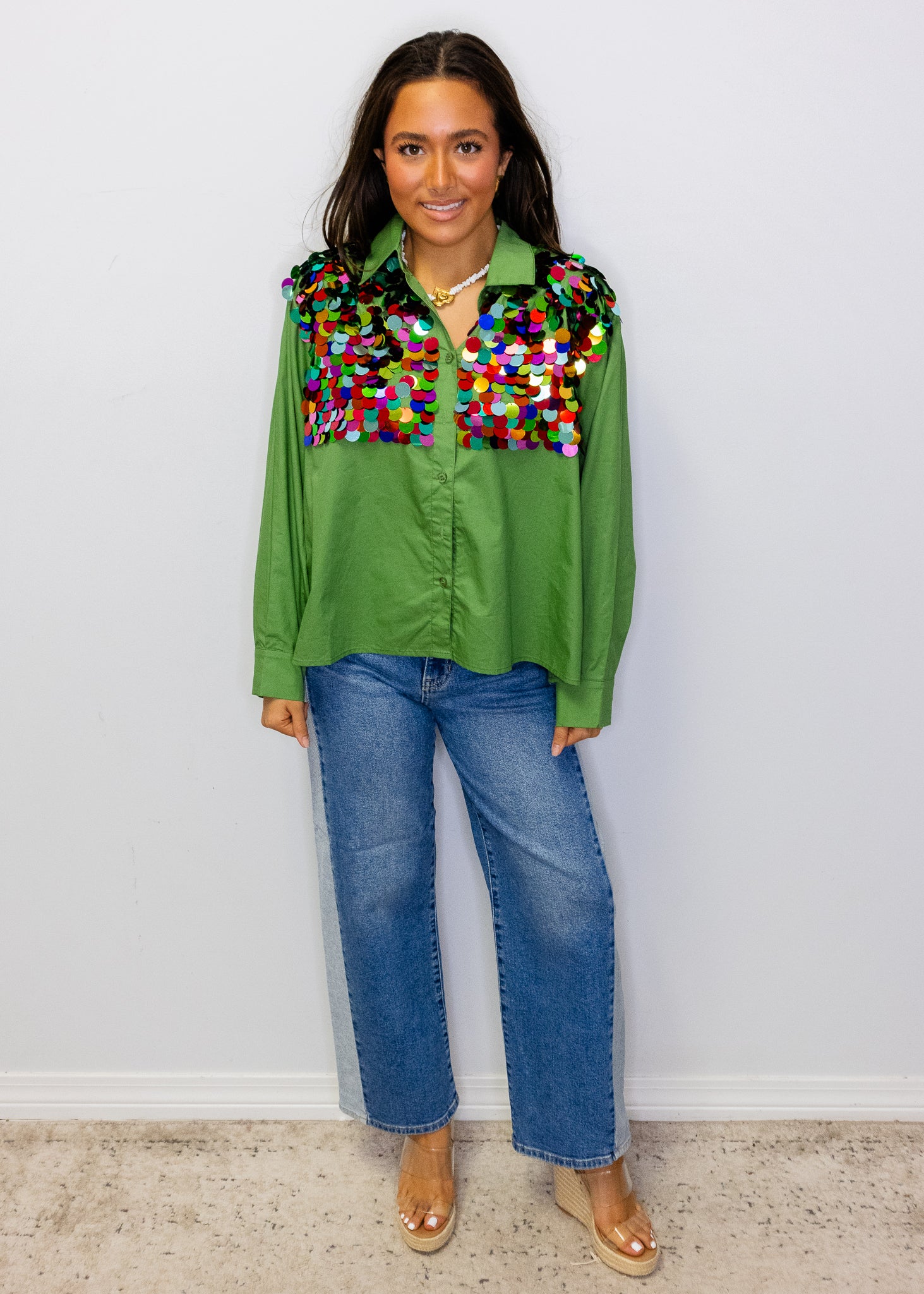 Dark Green Multi Sequin Paillette Cotton Top