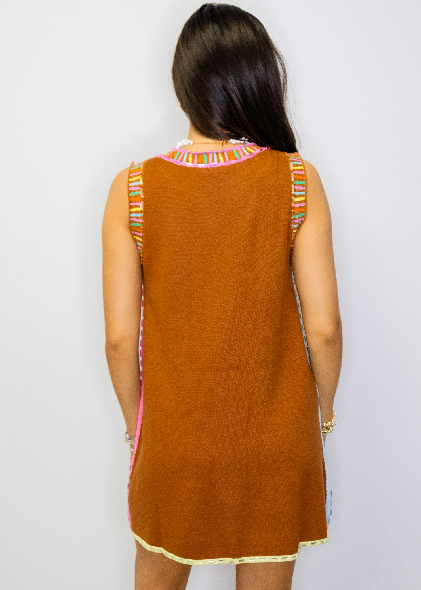 Brown Rainbow Rhinestone Trim Pocket Knit Tank Dress