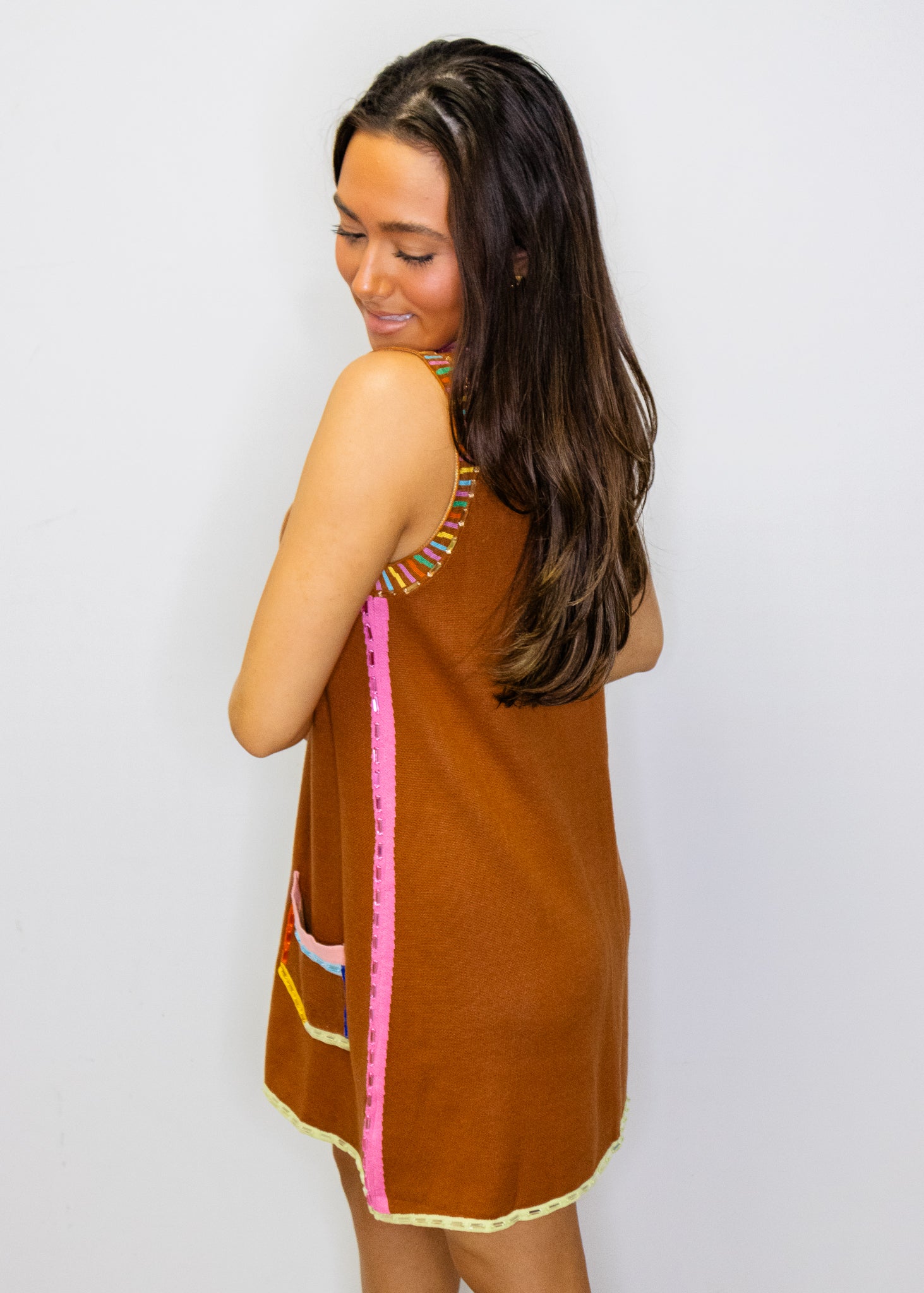 Brown Rainbow Rhinestone Trim Pocket Knit Tank Dress