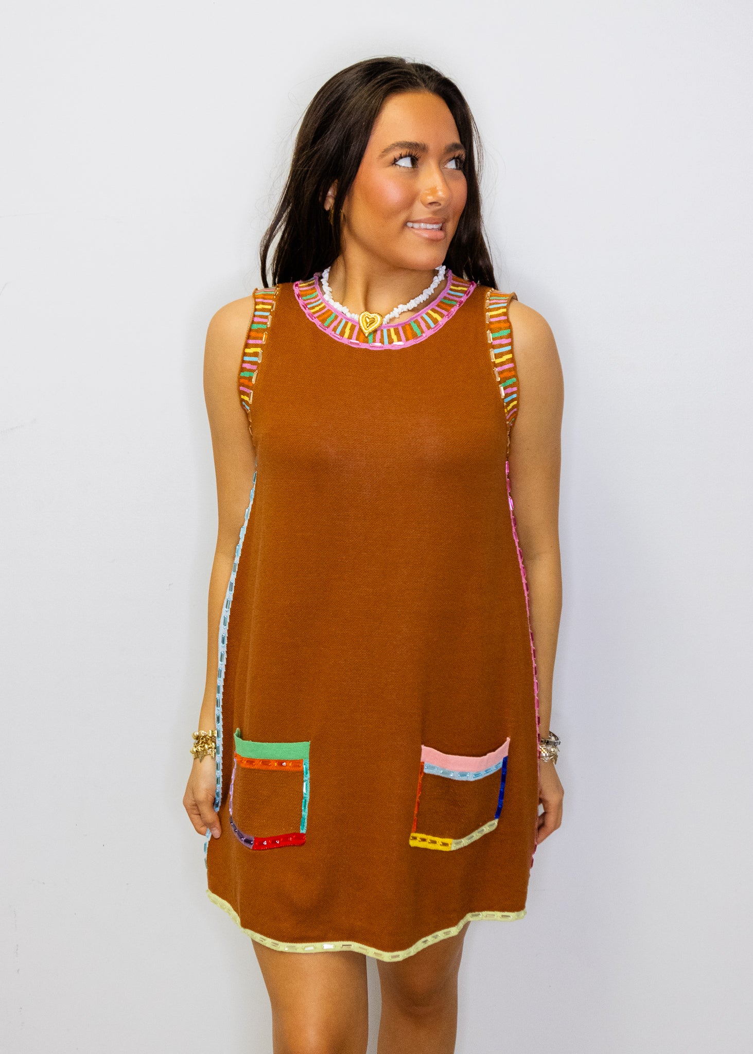 Brown Rainbow Rhinestone Trim Pocket Knit Tank Dress