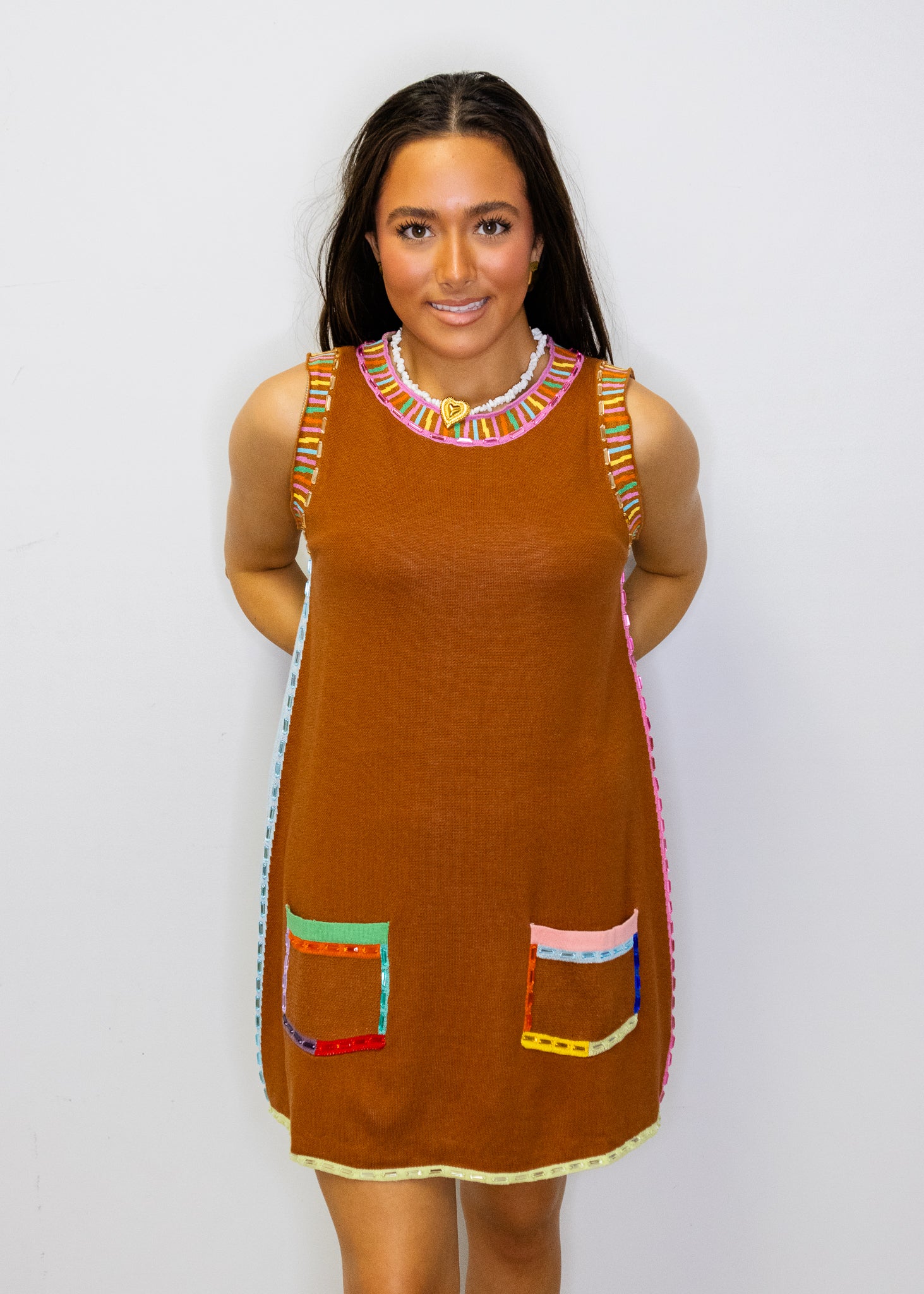 Brown Rainbow Rhinestone Trim Pocket Knit Tank Dress