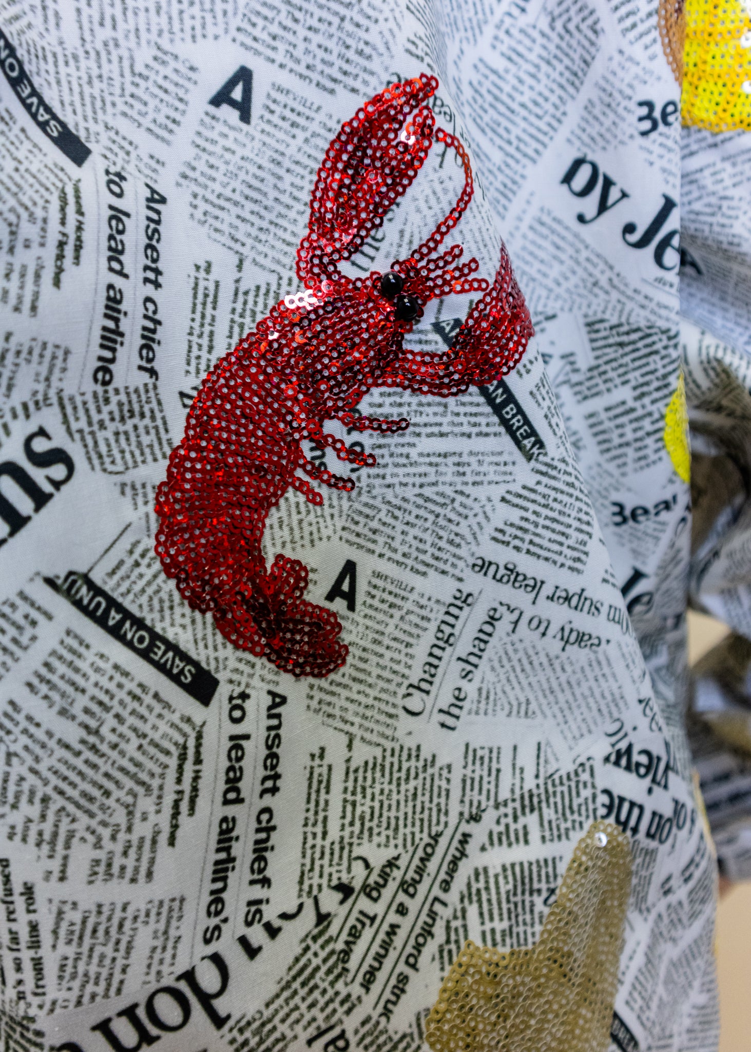 Black & White Seafood on Newspaper Button Up Top