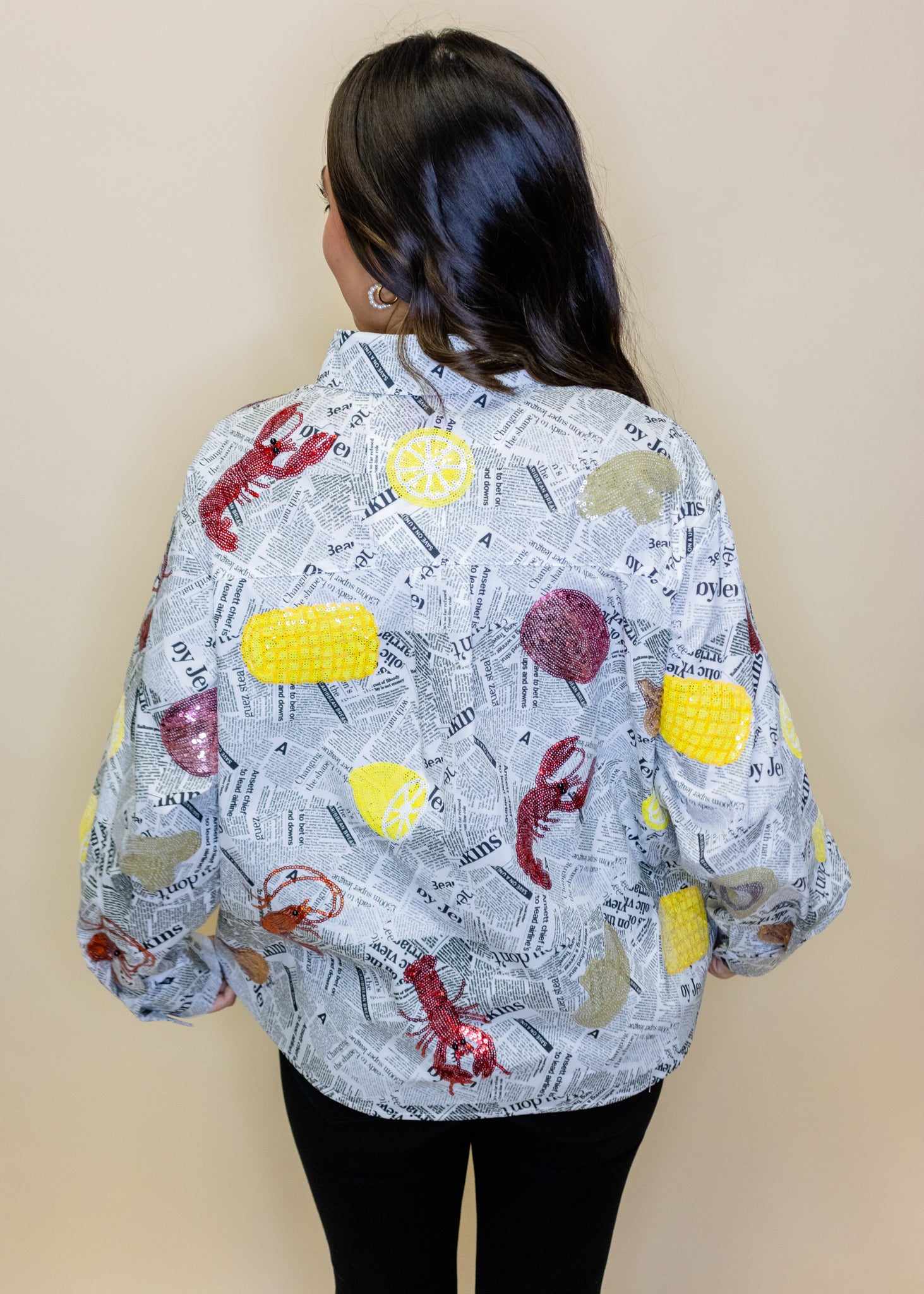 Black & White Seafood on Newspaper Button Up Top