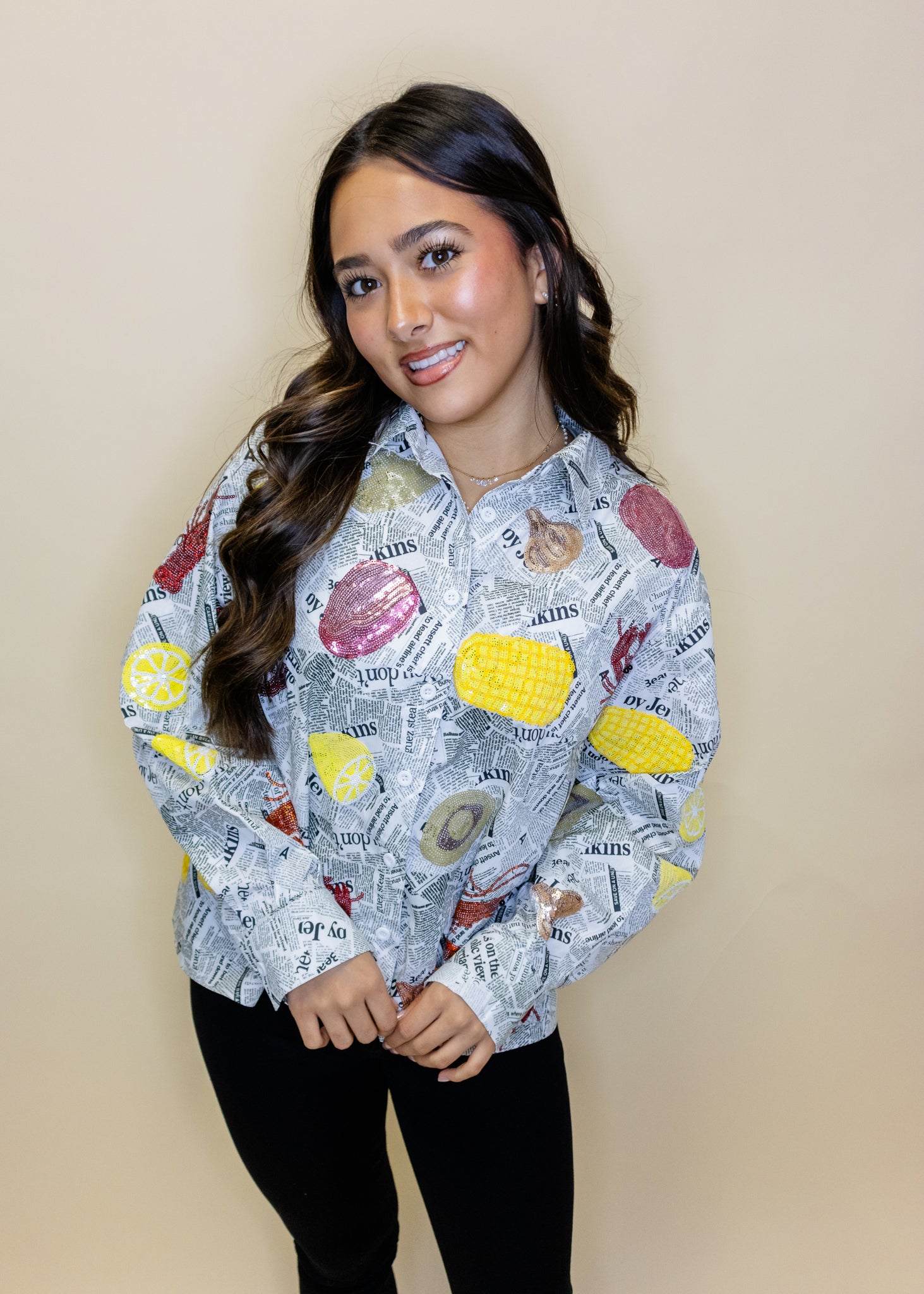 Black & White Seafood on Newspaper Button Up Top