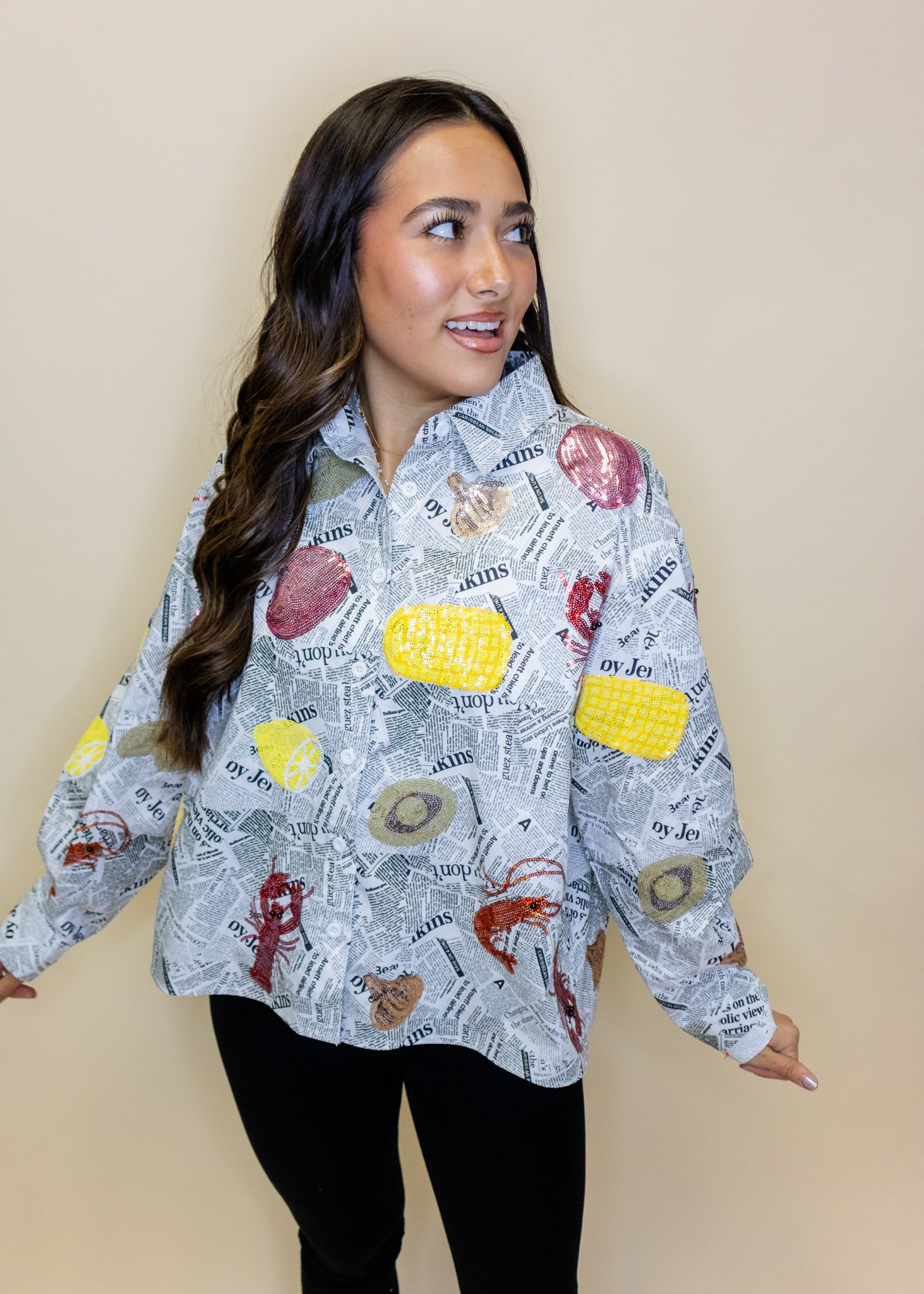 Black & White Seafood on Newspaper Button Up Top