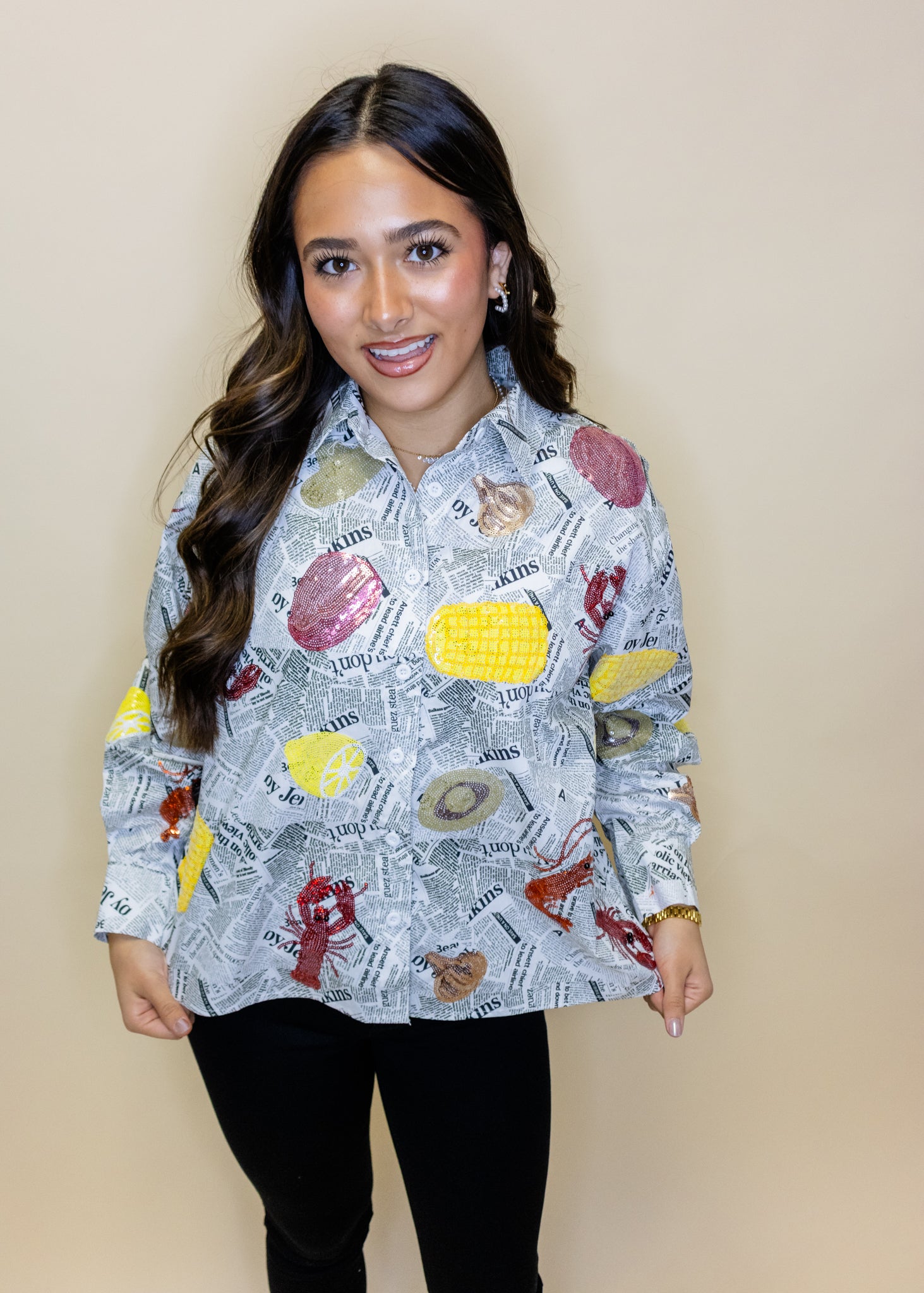 Black & White Seafood on Newspaper Button Up Top