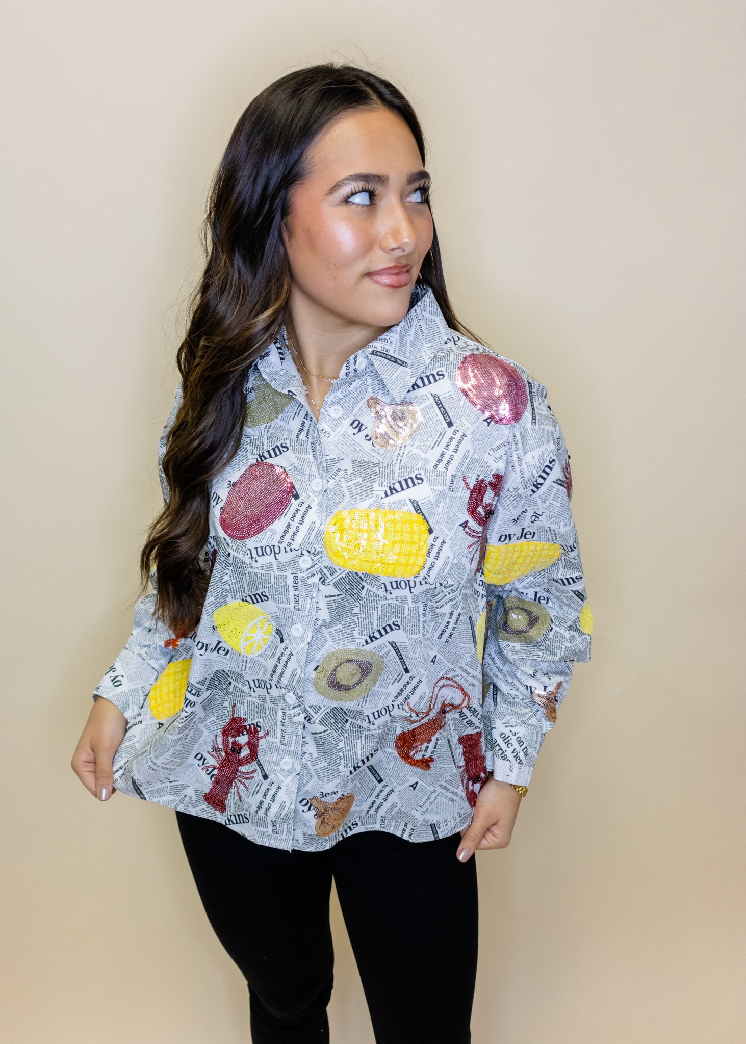 Black & White Seafood on Newspaper Button Up Top
