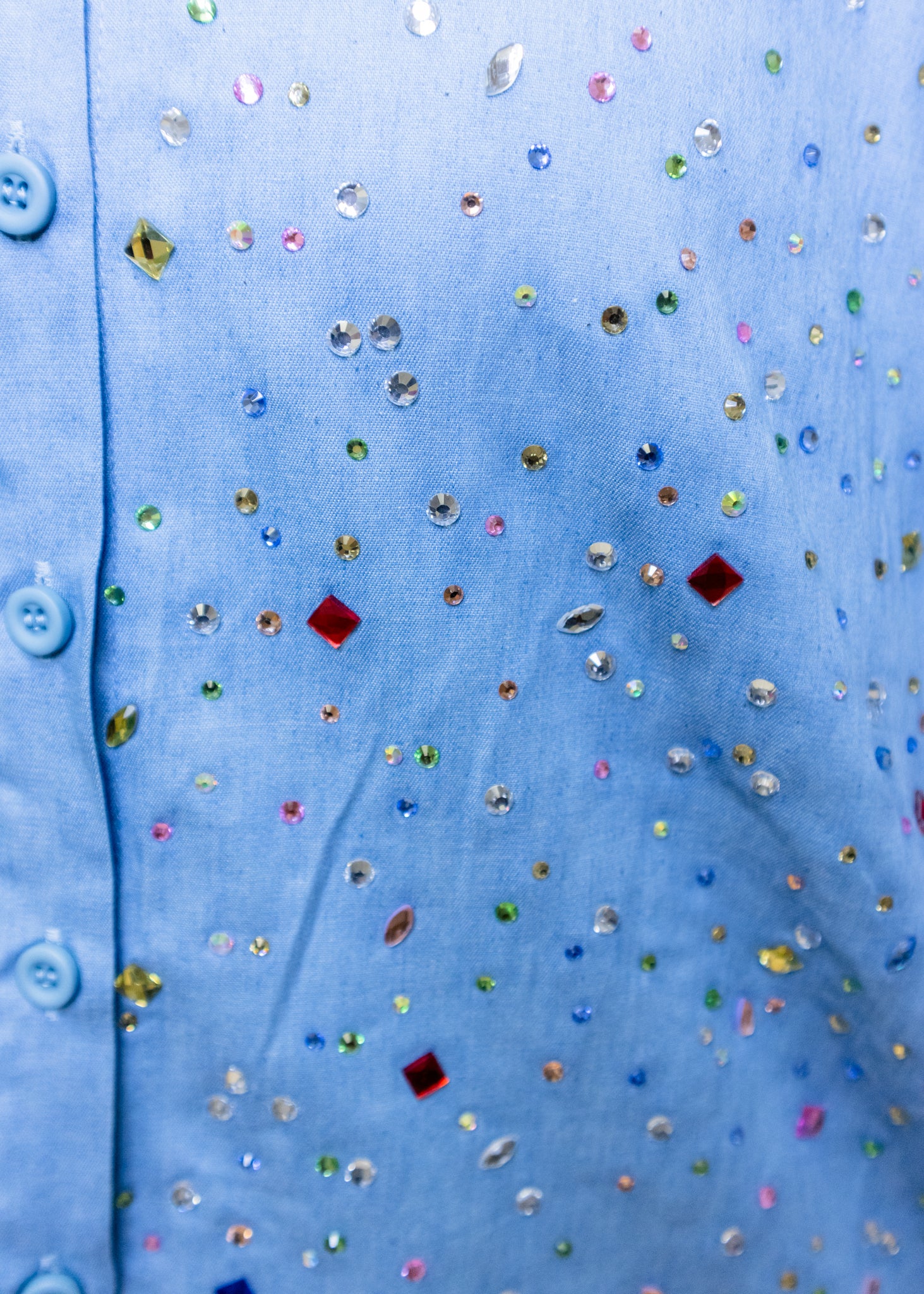 Chambray Multi Rhinestone Button Up Collar Top