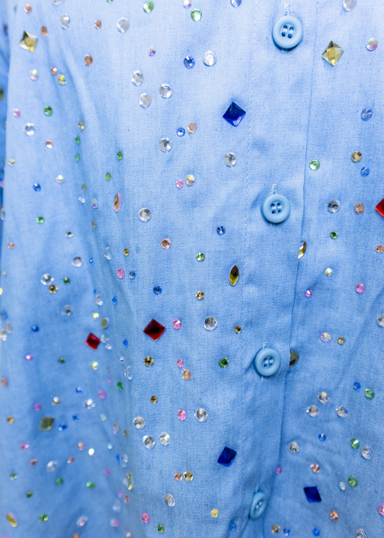 Chambray Multi Rhinestone Button Up Collar Top