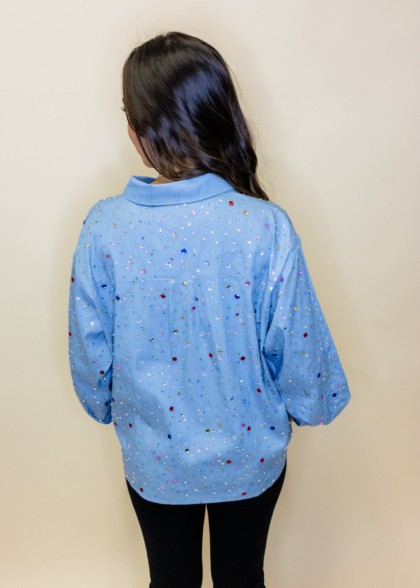 Chambray Multi Rhinestone Button Up Collar Top
