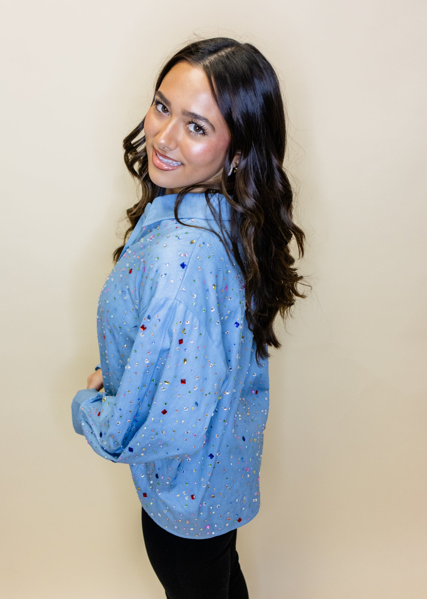 Chambray Multi Rhinestone Button Up Collar Top