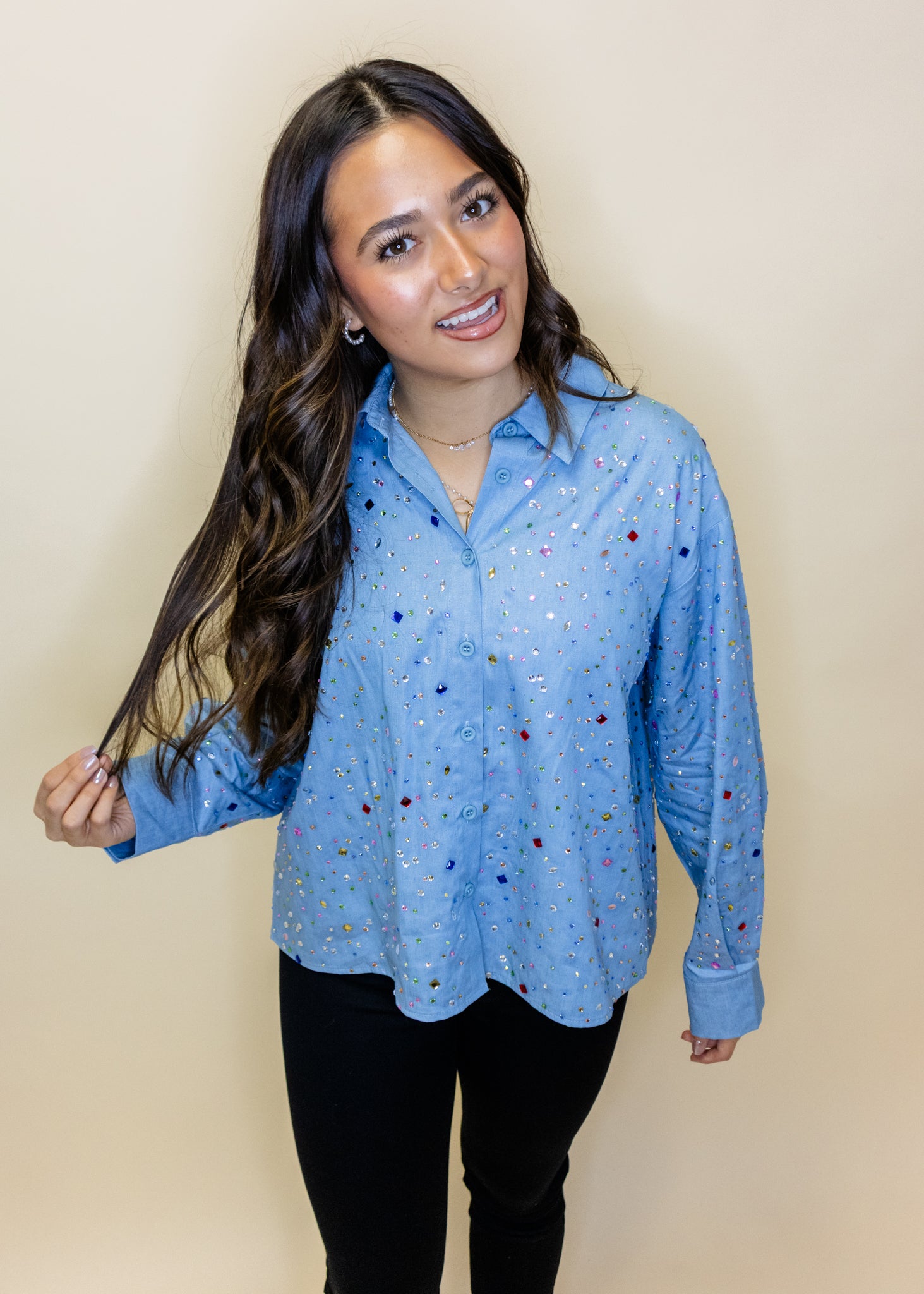 Chambray Multi Rhinestone Button Up Collar Top