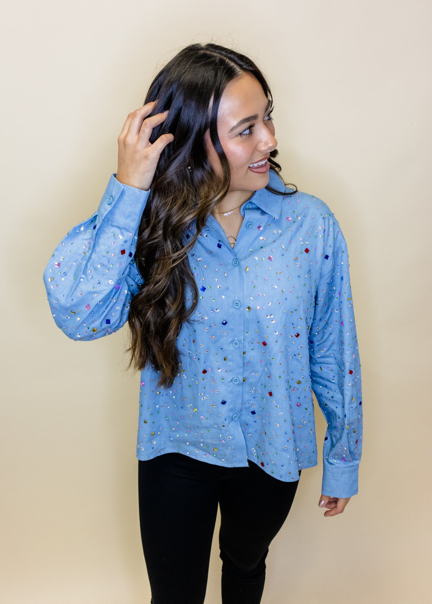 Chambray Multi Rhinestone Button Up Collar Top