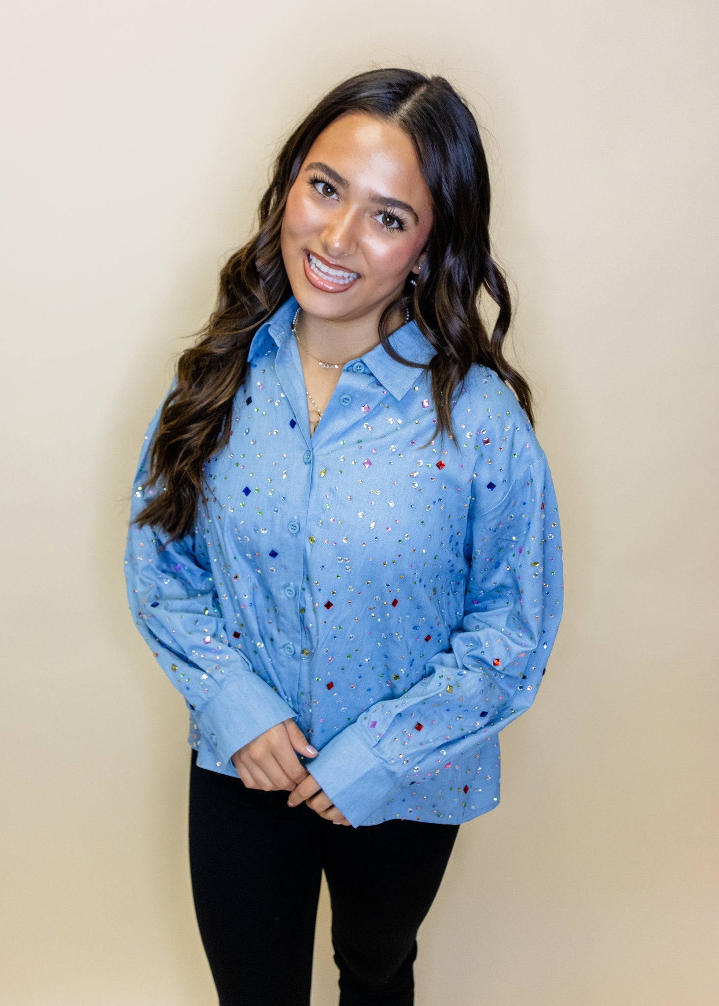 Chambray Multi Rhinestone Button Up Collar Top
