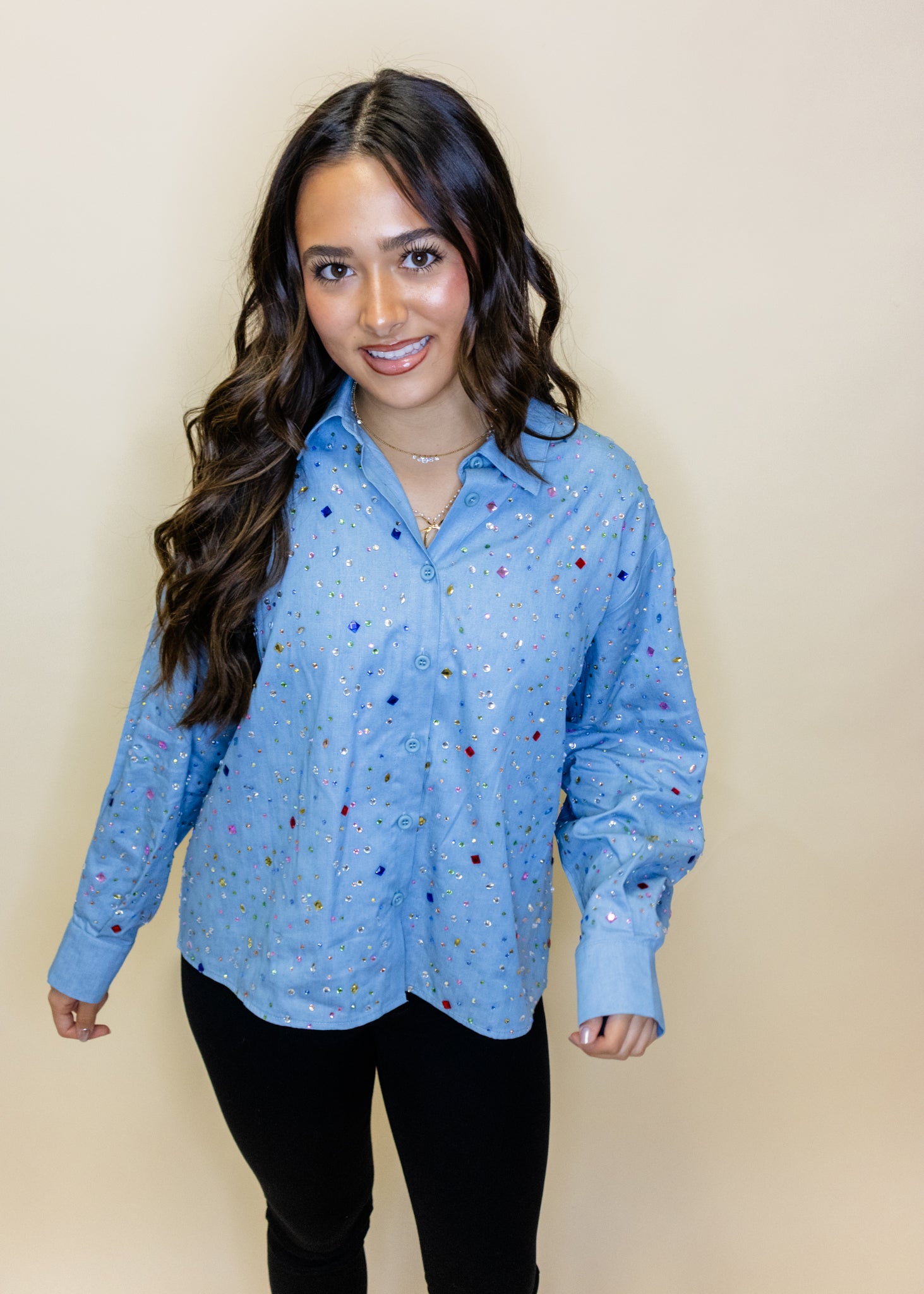 Chambray Multi Rhinestone Button Up Collar Top