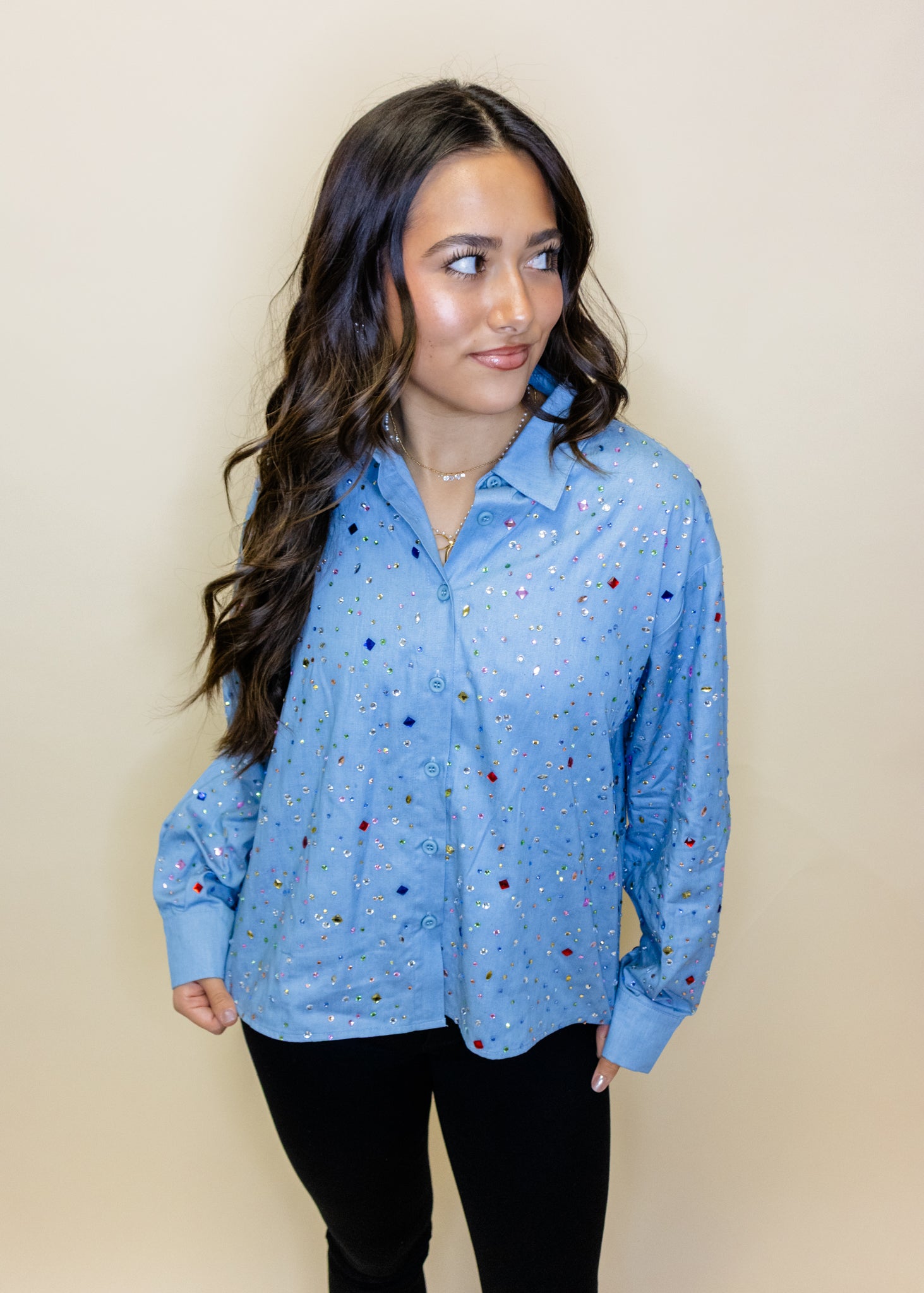 Chambray Multi Rhinestone Button Up Collar Top