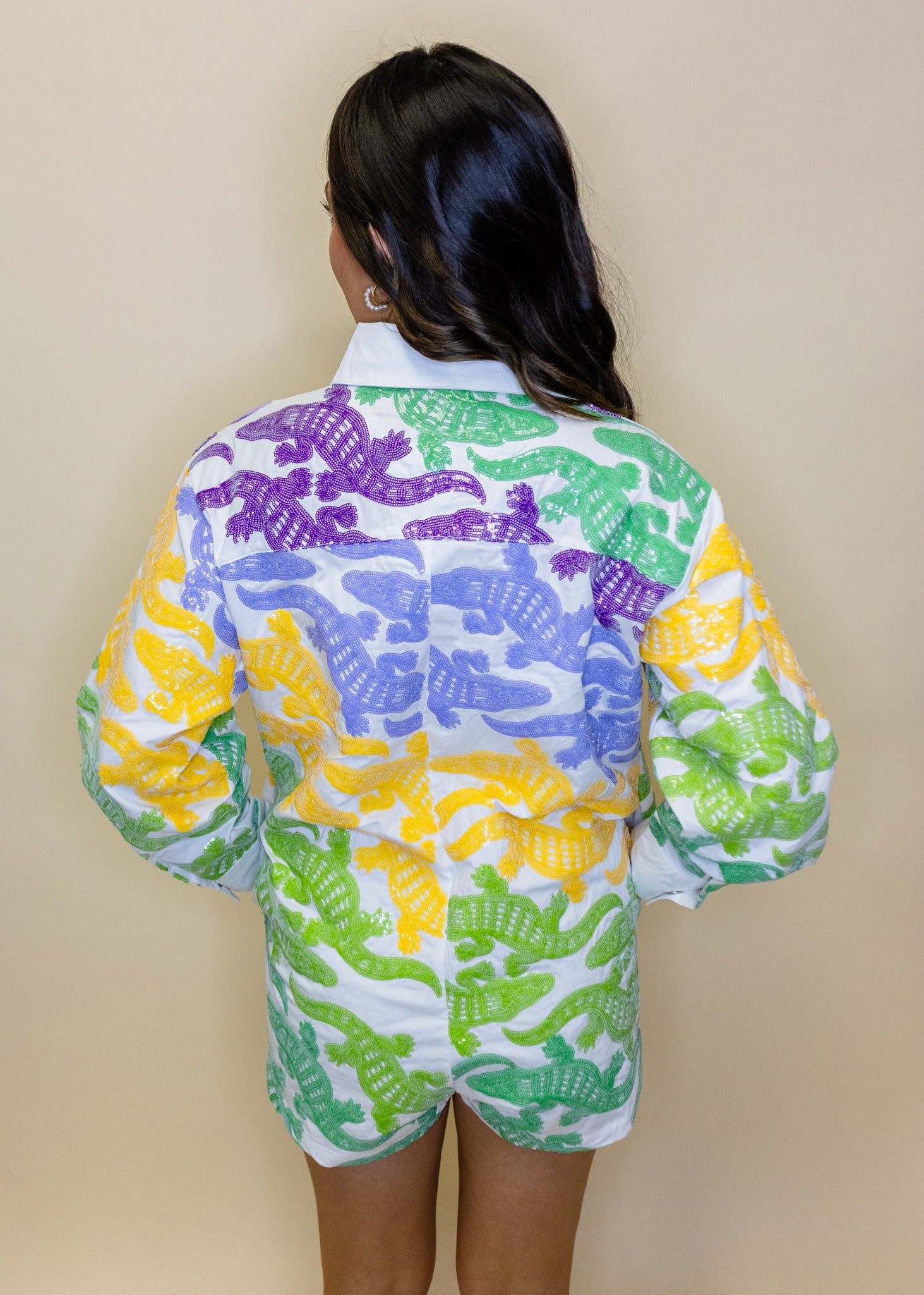 White, Purple, Yellow & Green Alligator Button Up Cotton Romper