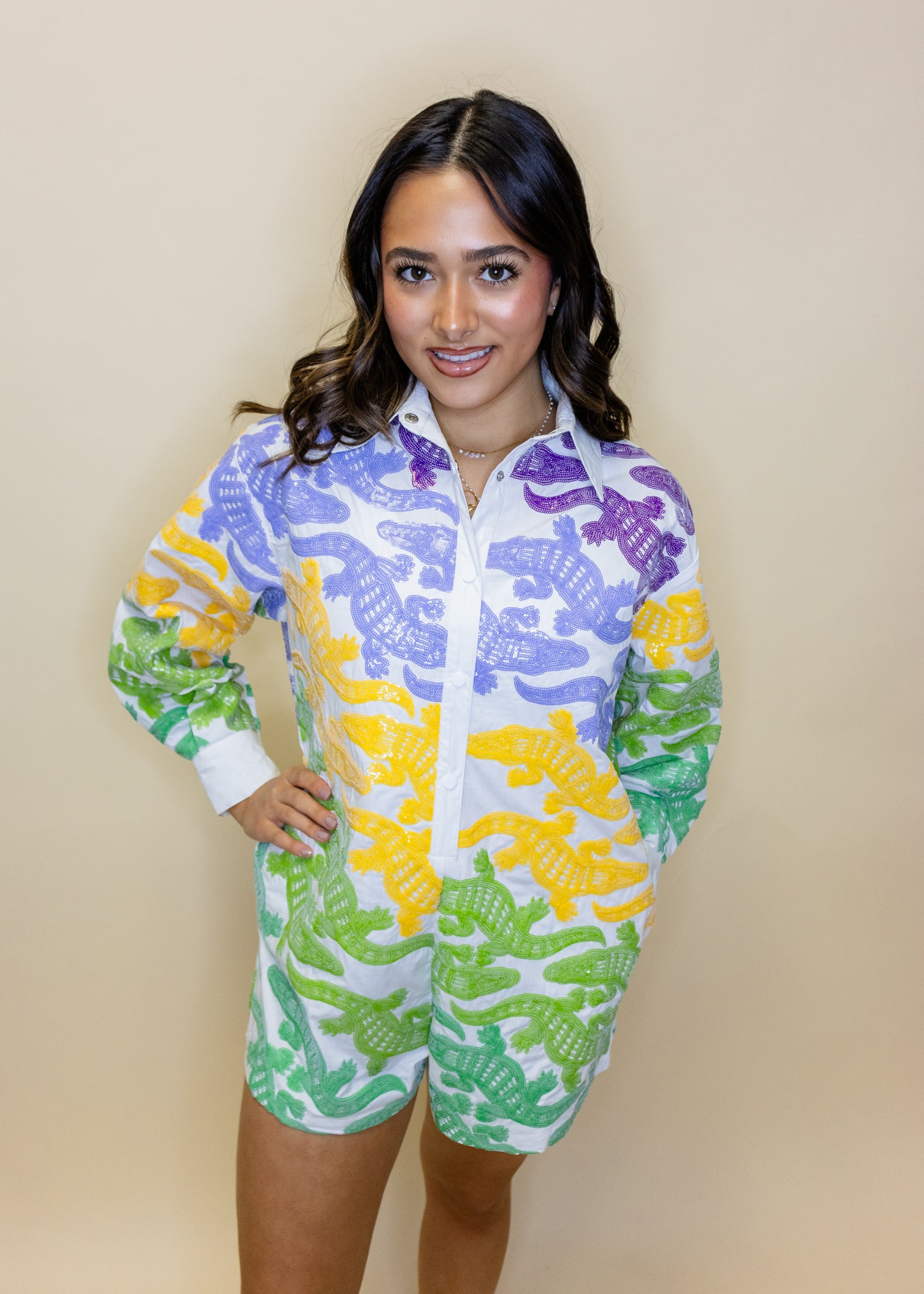 White, Purple, Yellow & Green Alligator Button Up Cotton Romper