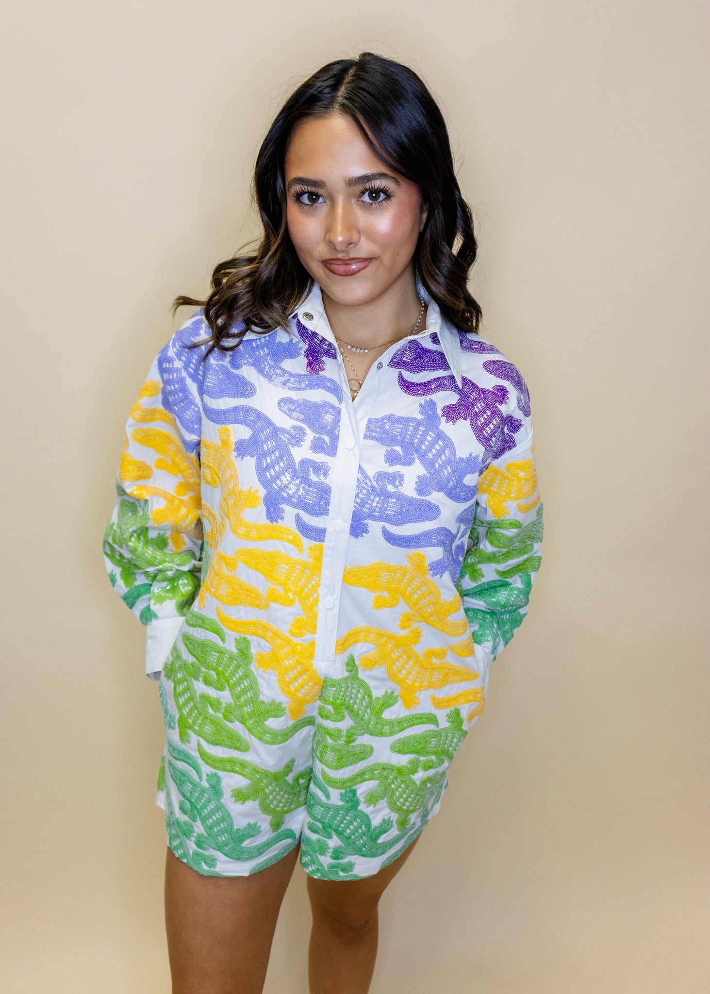 White, Purple, Yellow & Green Alligator Button Up Cotton Romper