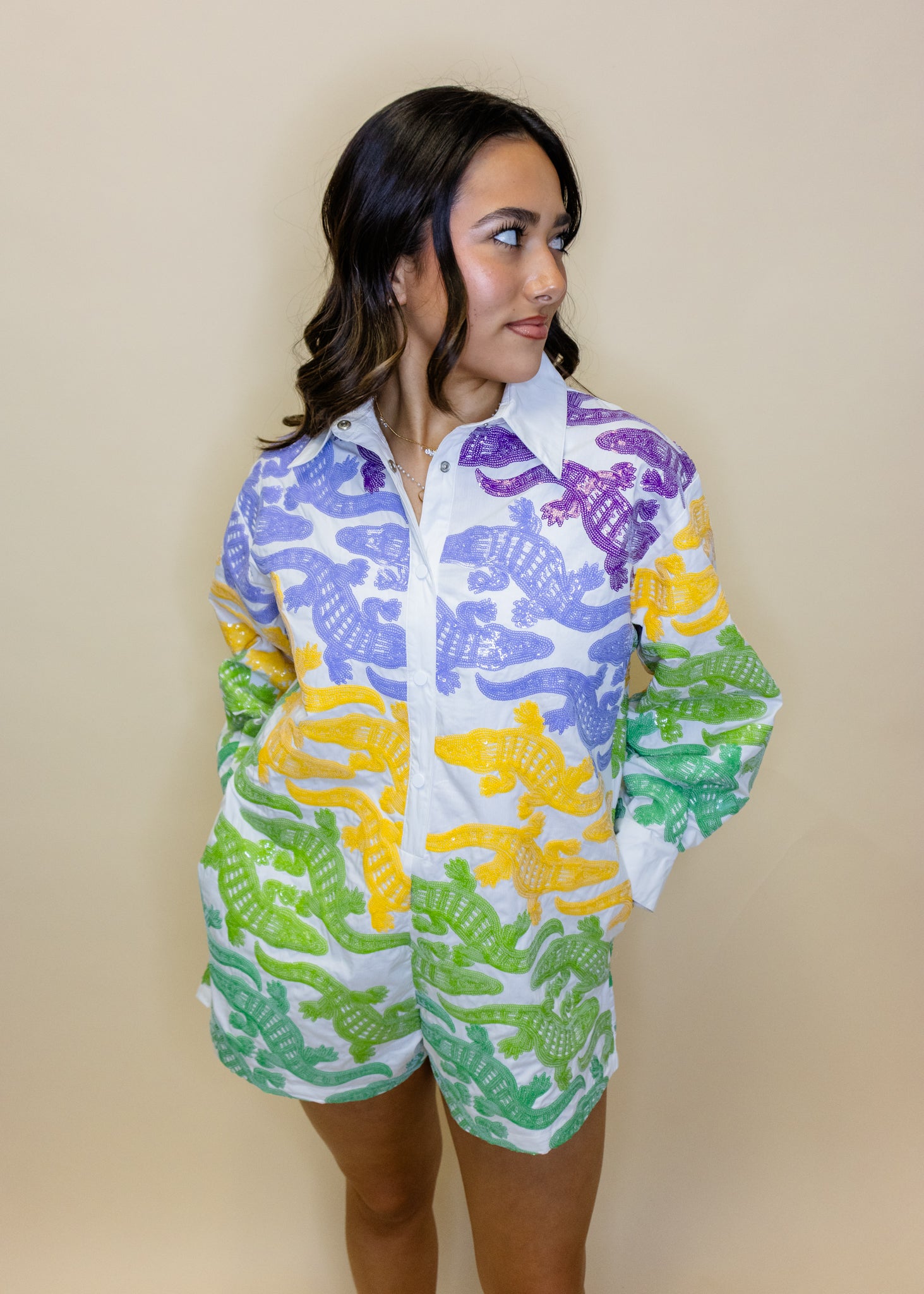 White, Purple, Yellow & Green Alligator Button Up Cotton Romper