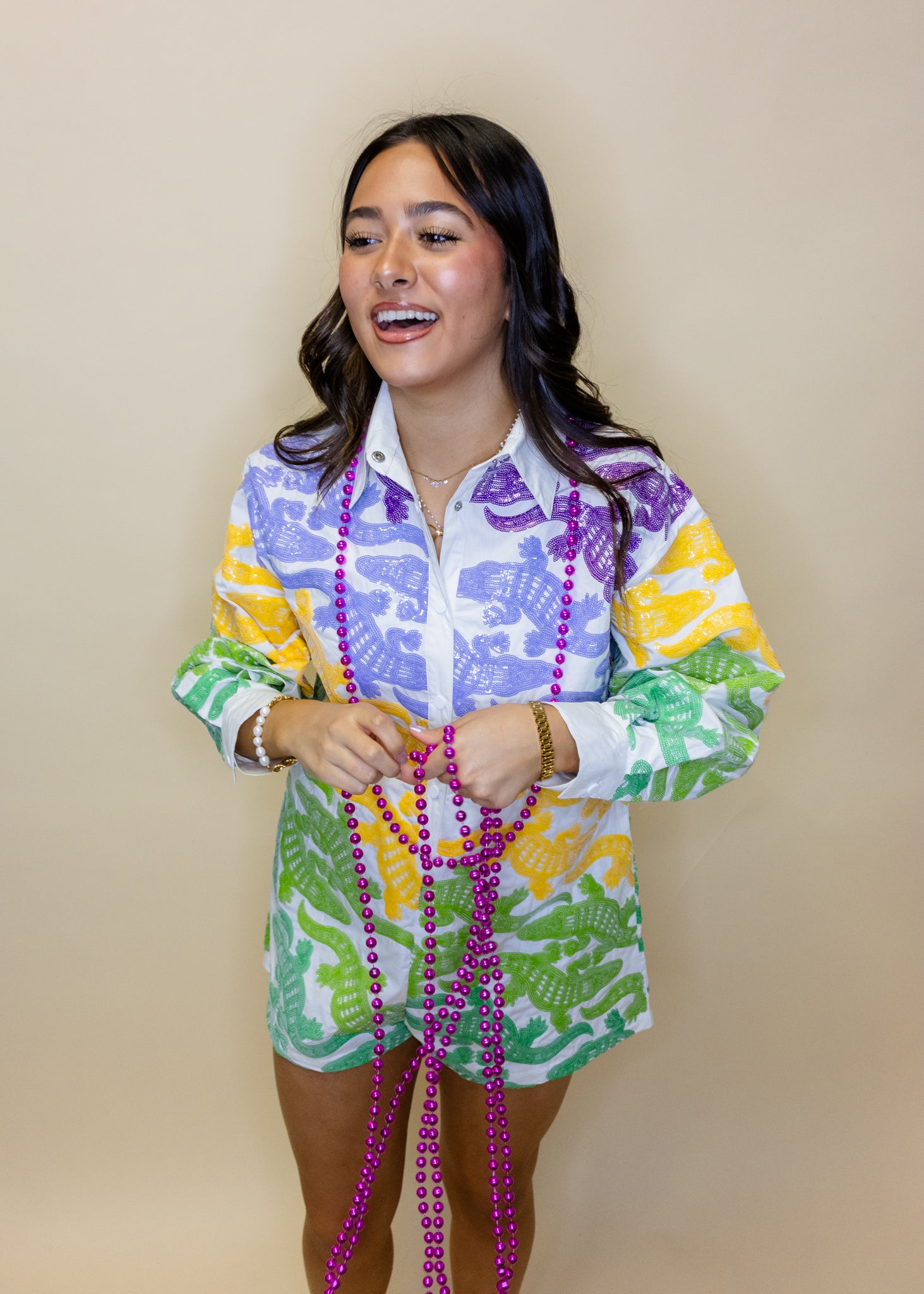 White, Purple, Yellow & Green Alligator Button Up Cotton Romper